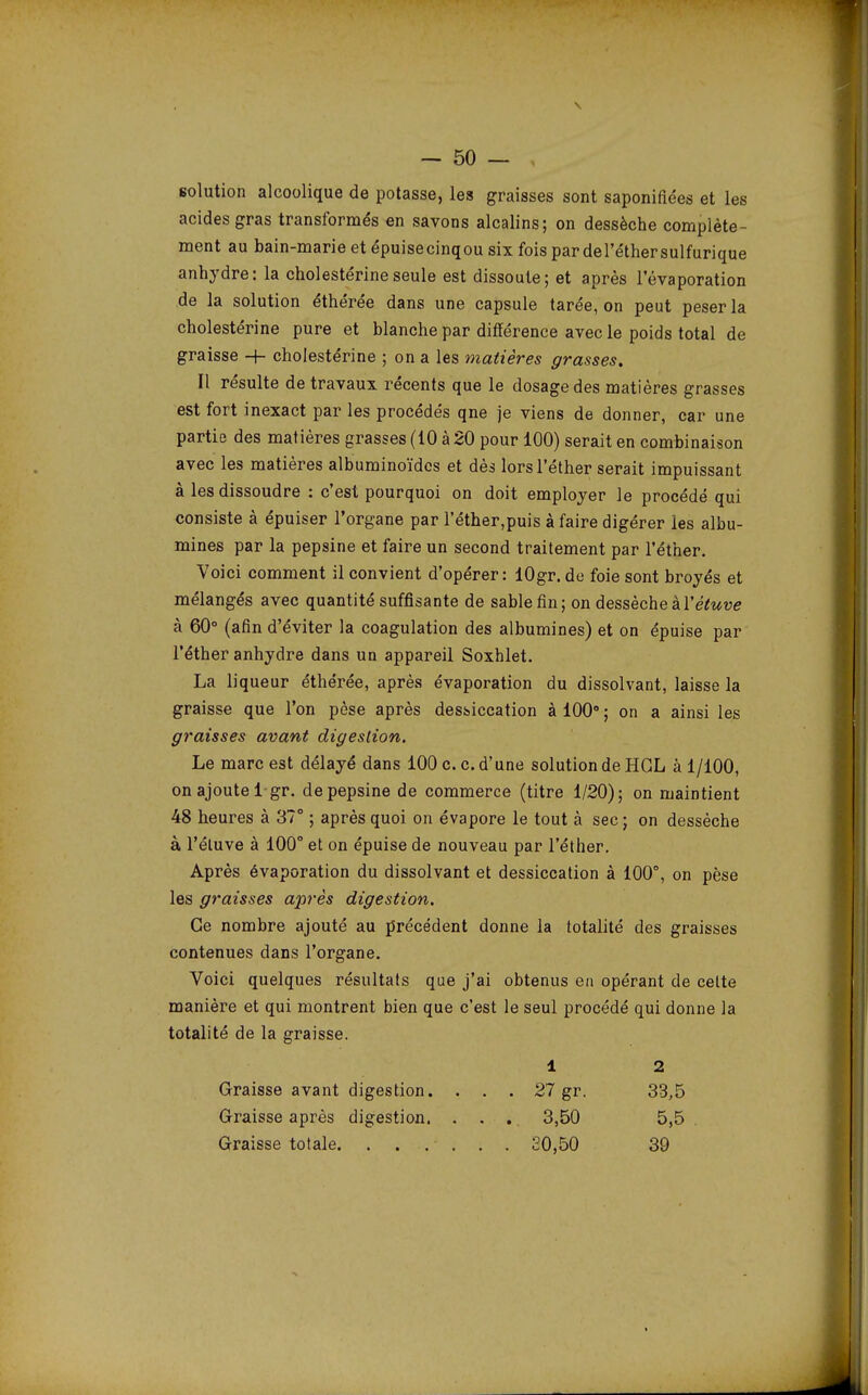 solution alcoolique de potasse, les graisses sont saponifiées et les acides gras transformés en savons alcalins; on dessèche complète- ment au bain-marie et épuisecinqou six fois pardel'éthersulfurique anhydre: la cholestérineseule est dissoute; et après levaporation de la solution éthérée dans une capsule tarée, on peut peser la cholestérine pure et blanche par différence avec le poids total de graisse + cholestérine ; on a les matières grasses. Il résulte de travaux récents que le dosage des matières grasses est fort inexact par les procédés qne je viens de donner, car une partie des matières grasses (10 à 20 pour 100) serait en combinaison avec les matières albuminoïdcs et dès lorsl'éther serait impuissant à les dissoudre : c'est pourquoi on doit employer le procédé qui consiste à épuiser l'organe par l'éther,puis à faire digérer les albu- mines par la pepsine et faire un second traitement par l'éther. Voici comment il convient d'opérer: lOgr. de foie sont broyés et mélangés avec quantité suffisante de sable fin; on dessèche àYétuve à 60° (afin d'éviter la coagulation des albumines) et on épuise par l'éther anhydre dans un appareil Soxhlet. La liqueur éthérée, après évaporation du dissolvant, laisse la graisse que l'on pèse après dessiccation à 100° ; on a ainsi les graisses avant digestion. Le marc est délayé dans 100 ce. d'une solution de HGL à 1/100, on ajoute lgr. de pepsine de commerce (titre 1/20); on maintient 48 heures à 37° ; après quoi on évapore le tout à sec; on dessèche à l'éluve à 100° et on épuise de nouveau par l'éther. Après évaporation du dissolvant et dessiccation à 100°, on pèse les graisses après digestion. Ce nombre ajouté au précédent donne la totalité des graisses contenues dans l'organe. Voici quelques résultats que j'ai obtenus en opérant de cette manière et qui montrent bien que c'est le seul procédé qui donne la totalité de la graisse. 1 2 Graisse avant digestion. . . . 27 gr. 33,5 Graisse après digestion. . . . 3,50 5,5 Graisse totale 20,50 39