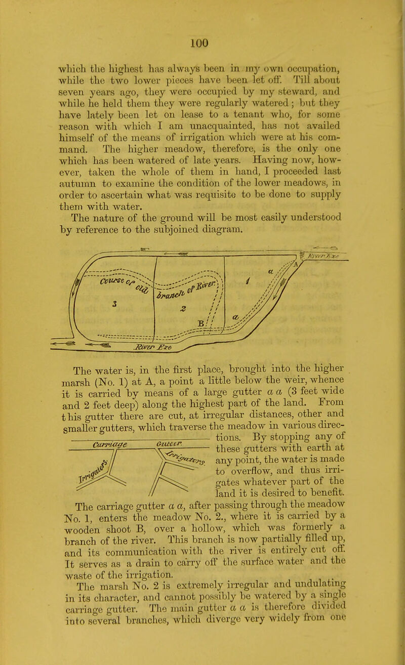 which the highest has always been in my own occupation, while the two lower pieces have been let off. Till about seven years ago, they were occupied by my steward, and while he held them they were regularly watered; but they have lately been let on lease to a tenant who, for some reason with which I am unacquainted, has not availed himself of the means of irrigation which were at his com- mand. The higher meadow, therefore, is the only one which has been watered of late years. Having now, how- ever, taken the whole of them in hand, I proceeded last autumn to examine the condition of the lower meadows, in order to ascertain what was requisite to be done to supply them with water. The nature of the ground will be most easily understood by reference to the subjoined diagram. Carriage Gutter. The water is, in the first place, brought into the higher marsh (No. 1) at A, a point a little below the weir, whence it is carried by means of a large gutter a a (3 feet wide and 2 feet deep) along the highest part of the land. From this gutter there are cut, at irregular distances, other and smaller gutters, which traverse the meadow in various direc- tions. By stopping any of these gutters with earth at any point, the water is made to overflow, and thus irri- gates whatever part of the land it is desired to benefit. The carriage gutter a a, after passing through the meadow No. 1, enters the meadow No. 2., where it is carried by a wooden shoot B, over a hollow, which was formerly a branch of the river. This branch is now partially filled up, and its communication with the river is entirely cut off. It serves as a drain to carry off the surface water and the waste of the irrigation. The marsh No. 2 is extremely irregular and undulating in its character, and cannot possibly be watered by a single carriage gutter. The main gutter a a is therefore divided into several branches, which diverge very widely from one