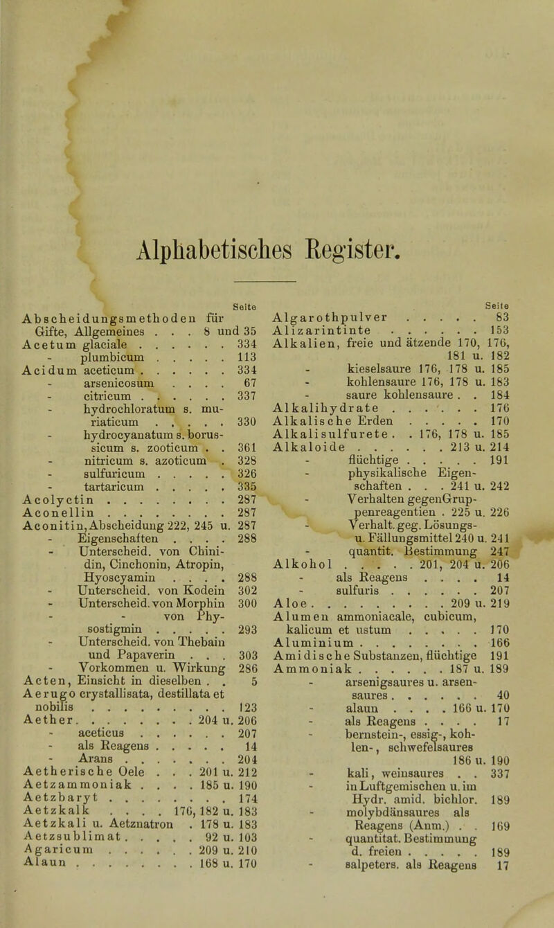 Alphabetisches Register. Seite Abscheidungsmethoden für Grifte, Allgemeines ... 8 und 35 Acetum glaciale 334 plumbicum 113 Acidum aceticum 334 arsenicosum .... 67 citricum 337 hydrochloratum s. mu- riaticum 330 hydrocyanatum s. borus- sicum s. zooticum . . 361 nitricum s. azoticum . 328 sulfuricum 326 tartaricum 335 Acolyctin 287 Aconellin 287 Aconitin, Abscheidung 222, 245 u. 287 Eigenschaften .... 288 Unterscheid, von Chini- din, Cinchonin, Atropin, Hyoscyamin .... 288 Unterscheid, von Kodein 302 Unterscheid, von Morphin 300 von Phy- sostigmin 293 Unterscheid, von Thebain und Papaverin . . . 303 Vorkommen u. Wirkung 286 Acten, Einsicht in dieselben . , 5 Aerugo crystallisata, destillataet nobilis 123 Aether 204 u. 206 aceticus 207 als Keageus 14 Arans 204 Aetherische Oele . . . 201 u. 212 Aetzammoniak .... 185 u. 190 Aetzbaryt 174 Aetzkalk .... 170, 182 u. 183 Aetzkali u. Aetznatron . 178 u. 183 Aetzsublimat 92 u. 103 Agaricum 209 u. 210 Alaun 168 u. 170 Seite Algarothpulver 83 Alizarintinte 153 Alkalien, freie und ätzende 170, 176, 181 u. 182 kieselsaure 176, 178 u. 185 kohlensaure 176, 178 u. 183 saure kohlensaure . . 184 Alkalihydrate ...... 176 Alkalische Erden 170 Alkalisulfurete . . 176, 178 u. 185 Alkaloide 213 u. 214 flüchtige 191 physikalische Eigen- schaften . . .241 u. 242 Verhalten gegenGrup- penreagentien . 225 u. 226 Verhalt, geg. Lösungs- u. Fällungsmittel 240 u. 241 quantit. Bestimmung 247 Alkohol 201, 204 u. 206 als Reagens .... 14 Bulfuris 207 Aloe 209 u. 219 Alumeu ammoniacale, cubicum, kalicum et ustum 170 Aluminium 166 Amidi sehe Substanzen, flüchtige 191 Ammoniak 187 u. 189 arsenigsauves u. arsen- saures 40 alaun . . . . 166 u. 170 als Reagens .... 17 bernstein-, essig-, koh- len- , schwefelsaures 186 u. 190 kali, weinsaures . . 337 in Luftgemischen u. im Hydr. amid. bichlor. 189 molybdänsaures als Reagens (Anm.) . . 169 quantitat. Bestimmung d. freien 189 Salpeters, als Reagens 17