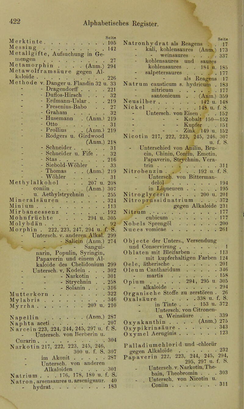 , . Seite iVl erktinte 105 Messing 142 Metallgifte, Aufsuchung in Ge- mengen 27 Metamorphin .... (Änin.) 294 Metawolframsäure gegen Al- knloide . 226 Methode v. Danger u. Flandin 32 u. 33 - Dragendorff . . . .221 - Duflos-Hirsch ... 32 - Erdmann-Uslar. . .219 - Fresenius-Babo . . 27 - Graham 32 - Husemann . (Anm.) 219 - Otto 31 - ProUius . . (Anm.) 219 - Rodgers u. Girdwood (Anm.) 218 - Schneider 31 - Schneider u. Fife . . 32 - Stas 216 - Siebold-Wöhler . . 33 - Thomas . . (Anm.) 2)9 - Wöhler 31 Methylalkohol ... 207 u. 208 coniin (Anm.) 307 u. Aethylstrychnin . . . 255 Mineralsäuren 324 Minium 113 Mir baneessenz 192 Mohnfrüchte .... 294 u. 305 Molybdän 92 Morphin . 222, 223, 247, 294 u. f. S. Untersch. v. anderen Alkal. 299 - Salicin (Anm.) 274 Sangui- narin, Populin, Syringin, Papaverin und einem Al- kaloide des Chelidonium 299 Untersch. v. Kodein . . . 302 - Narkotin . .301 - Strychnin . . 258 - Solanin . . .316 Mutterkorn 322 Mylabris 346 Myrrha 209 u. 210 Nap ellin (Anm.) 287 Naphta aceti 207 N arcein 223, 224, 244, 245, 297 u. f. S. Untersch. von Berberin u. Curarin. 304 Narkotin 217, 222, 223, 245, 246, 300 u. f. S. 307 im Akonit 287 Untersch. von anderen Alkaloiden .... 301 Natrium . . . 176, 178, 180 u. f. S. Natron, arsensaures u. arsenigsaur. 40 hydrat 183 Seite Natronhydrat als Reagens . . 17 kali, kohlensaures (Anm.) 173 weinsaures .... 337 kohlensaures und saures kohlensaures . . 184 u. 185 salpetersaures 177 als Reagens 17 Natrum causticum s. hydricum . 183 nitricum 177 santonicum . . (Anm.) 359 Neusilber 142 u. 148 Nickel 148 u. f. S. Untersch. von Eisen . . .152 - Kobalt 150—152 - Kupfer . .151 - Zink 149 u. 152 Nicotin 217, 222, 223, 245, 246, 307 u. f. S. Unterschied von Anilin, Bru- cin, Chinin, Coniin, Emetin, Papaverin, Strychnin, Vera- trin 311 Nitrobenzin 192 u. f. S. Untersch. von Bitterman- delöl 194 in Liqueuren 195 Nitroglycerin .... 200 u. 201 Nitroprussidnatrium . . . 372 gegen Alkaloide 231 Nitrum 177 cubicum , 177 Nobels Sprengöl 200 Nuces vomicae 261 Objecto der Unters., Versendung und Conservirung 1 Oblaten mit Bleifarben . . . .113 mit kupferhaltigen Farben 124 Oele, ätherische 201 Oleum Cantharidum 346 martis 158 Opium 294, 295 u. 305 - alkaloide 294 Organische Stoffe zu zerstören . 26 Oxalsäure 338 u. f. S. in Tinte . . . 153 u. 372 Untersch. von Citronen- u. Weinsäure . . . 339 Oxyakanthin .... (Anm.) 275 Oxypikrinsäure 343 Oxymel Aeruginis . . . . . .123 Palladiumchlorid und -chlorür sesen Alkaloide 232 Papaverin 222, 223, 244, 245, 294, * 295, 297 u. f. S. Untersch. v. Narkotin, The- bain, Theobromin . . . 303 Untersch. von Nicotin u. Coniin 311