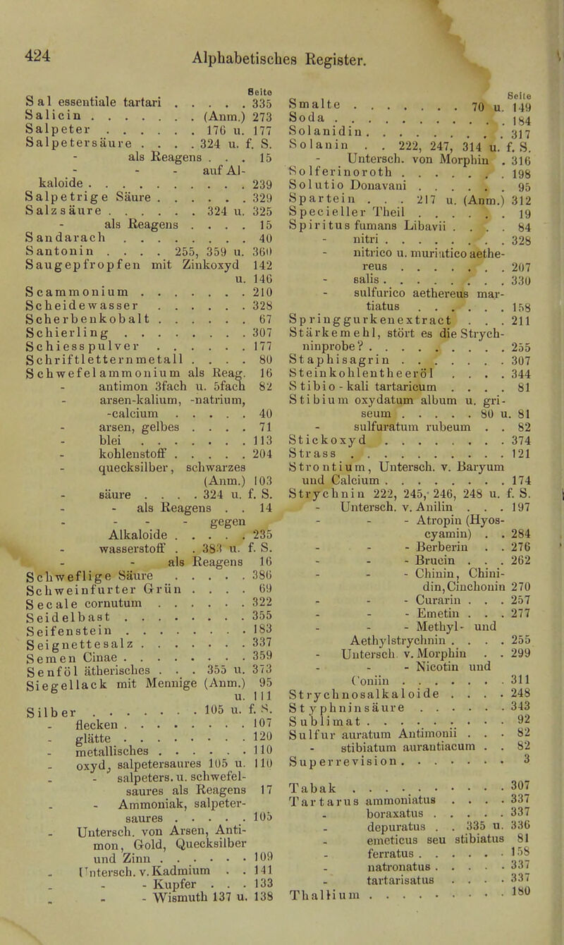 Seite Sal essentiale tartari 335 Salicin (Anm.) 273 Salpeter 170 u. 177 Salpetersäure .... 324 u. f. S. als Reagens ... 15 auf Al- kaloide 239 Salpetrige Säure 329 Salz säure 324 u. 325 als ßeagens .... 15 Sandarach 40 Santonin .... 255, 359 u. 360 Saugepfropfen mit Zinkoxyd 142 u. 140 Scammonium 210 Scheidewasser 328 Scherbeukobalt 07 Schierling 307 Schiesspulver 177 Schriftletternmetall .... 80 Schwefelammonium als Reag. 10 antimon 3fach u. 5fach 82 arsen-kalium, -natrium, -calcium 40 arsen, gelbes .... 71 blei 113 kohlenstoff 204 quecksilber, schwarzes (Anm.) 103 säure .... 324 u. f. S. als Reagens . . 14 gegen Alkaloide 235 Wasserstoff . . 38't u. f. S. als Reagens 10 Schweflige Säure 380 Schweinfurter Grün .... 69 Seeale cornutum 322 Seidelbast 355 Seifenstein 183 Seignettesalz 337 Semen Cinae 359 Senf öl ätherisches ... 355 u. 373 Siegellack mit Mennige (Anm.) 95 Silber 105 u. III u. f. S. flecken 107 glätte 120 metallisches 110 oxyd^ salpetersaures 105 u. 110 Salpeters, u. schwefel- saures als Reagens 17 Ammoniak, salpeter- saures 105 Untersch. von Arsen, Anti- mon, Gold, Quecksilber und Zinn 109 [^ntersch. V.Kadmium . .141 - Kupfer . . .133 - Wismuth 137 u. 138 c 1 Smalte 70 u. 149 Soda Solanidin 317 Solanin . . 222, 247, 314 u.'f. S. Untersch. von Morphin .316 So If erinoroth 198 Solutio Donavani 95 Spartein ... 217 u. (Anm.) 312 Specieller Theil 19 Spiritus fumans Libavii .... 84 nitri 328 nitrico u. muriiitico aethe- reus 207 salis 330 sulfurico aethereus mar- tiatus 1.^8 Sp r inggurkenextract . . .211 Stärkemehl, stört es die Strych- ninprobe? 255 Staphisagrin 307 Steinkohlentheeröl .... 344 S tibio - kali tartaricum .... 81 Stibium oxydatum album u. gri- seum 80 u. 81 sulfuratum rubeum . . 82 Stickoxyd 374 Strass 121 Strontium, Untersch. v. Baryum und Calcium 174 Strychniu 222, 245,-246, 248 u. f. S. Untersch. V. Anilin . . .197 - Atropin (Hyos- cyamin) . . 284 - Berberin . . 276 - Brucin . . . 262 - Chinin, Chini- din, Cinchonin 270 - Curarin . . .257 - Emetin . . .277 - Methyl- und Aethylstrychnin .... 255 Untersch. v. Morphin . . 299 - Nicotin und Couiiu .311 Strychnosalkaloide .... 248 St y phninsäure 343 Sublimat 92 Sulfur auratum Antimonii ... 82 stibiatum aurantiacum . . 82 Super revision 3 Tabak 307 Tartarus ammoniatus . . . .337 boraxatus 337 depuratus . . 335 u. 336 emcticus seu stibiatus 81 ferratus 158 natronatus 337 tartarisatus .... 337 ThalHum 1«*^