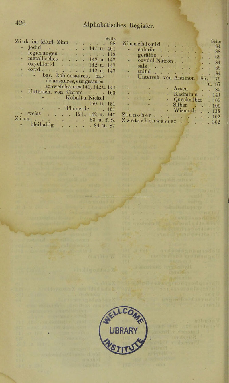 rr • ^ • I . /i r». Seite Z/ink im kHun. Zmn 88 - jodid 147 u. 401 - legieiuaeen 142 - metallisches . . . . 142 u. 147 - oxyChlorid .... 142 u. 147 - oxyd 142 u. 147 bas. kohlensaures, bal- driansaures, essigsaures, schwefelsaures 141,142u. 147 - Untersch. von Chrom . . .163 - Kobalt U.Nickel 150 u. 151 - Thonerde . .167 - weiss .... 121, 142 u. 147 Zmn 83 u. f. S. bleihaltig 84 u, 87 Zinnchlorid chlorür geräthe \ oxyduI-Nati-on . . . . salz Sulfid Untersch. von Antimon 85, - Arsen . . - Kadmium . - Quecksilber - Silber . . - ■ - Wismuth . Zinnober Zwetschenwasser . . u Seite 84 88 . 88 84 88 84 79 87 85 141 105 109 138 102 362