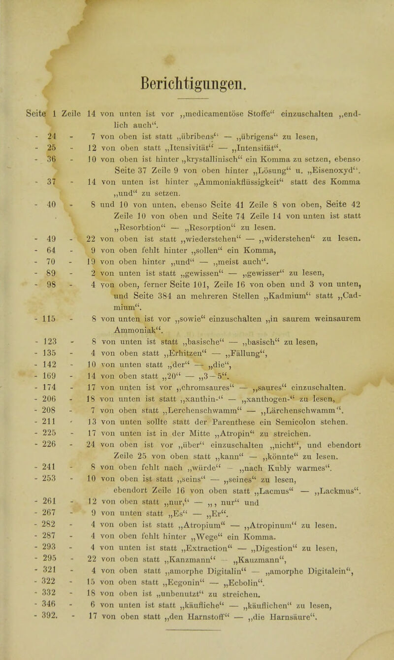 J Berichtigimgeii. Seite 1 Zeile 14 von unten ist vor „mcdicamentösc Stoffe einzuschalten ,,end- lich auch''. - 24 - 7 von oben ist statt „übribens'' — ,,übrigens'' zu lesen, - 25 - 12 von oben statt „Itcnsivität — „Intensität''. - 36 - 10 von oben ist hinter „krystalliiiisch ein Komma zu setzen, ebenso Seite 37 Zeile 9 von oben hinter „Lösung u. „Eisenoxyd. - 37 - 14 von unten ist hinter „Ammoniakfiüssigkeit statt des Komma „und zu setzen. - 40-8 und 10 von unten, ebenso Seite 41 Zeile 8 von oben, Seite 42 Zeile 10 von oben und Seite 74 Zeile 14 von unten ist statt „Resorbtion — „Resorption zu lesen. - 49 - 22 von oben ist statt „wiederstehen — „widerstehen zu lesen. - 64 - 9 von oben fehlt hinter „sollen ein Komma, - 70 - 19 von oben hinter „und — ,,meist auch. - 89 - 2 von unten ist statt „gewissen — „gewisser zu lesen, - 98-4 von oben, ferner Seite 101, Zeile 16 von oben und 3 von unten, und Seite 384 an mehreren Stellen „Kadmium statt „Cad- mium. -115 - 8 von unten ist vor „sowie einzuschalten „in saurem weinsaurem Ammoniak. -123 - 8 von unten ist statt ,,basische — ,,basisch zu lesen, -135 - 4 von oben statt ,,Erhitzen — „Fällung, - 142 - 10 von unten statt „der — »die, - 169 - 14 von oben statt „20 — „3-5. -174 - 17 von unten ist vor ,,chromsaures — ,,saures einzuschalten. - 206 - 18 von unten ist statt ,,xauthin- — „xanthogen- zu lesen, - 208 - 7 von oben statt „Lerchenschwamra — ,,Lärchenschwamm. -211 - 13 von unten sollte statt der Parenthese ein Semicolon stehen. - 225 - 17 von unten ist in der Mitte „Atropin zu streichen. - 226 - 24 von oben ist vor ,,iiber einzuschalten ,,nicht, und ebendort Zeile 25 von oben statt „kann — ,,könnte zu lesen. -241 - 8 von oben fehlt nach „würde - „nach Kubly warmes. - 253 - 10 von oben ist statt „seins — „seines zu lesen, ebendort Zeile 16 von oben statt „Lacmus — „Lackmus. - 261 - 12 von oben statt „nur, — „, nur und - 267 - 9 von unten statt „Es — „Er. - 282 - 4 von oben ist statt „Atropium — „Atropinuni zu lesen. - 287 - 4 von oben fehlt hinter „Wege ein Komma. - 293 - 4 von unten ist statt „Extraction — „Digestion zu lesen, - 295 - 22 von oben statt „Kanzmann „Kauzmann, - 321 - 4 von oben statt „amorphe Digitalin - „amorphe Digitalein, - 322 - 15 von oben statt „Ecgonin — „Ecbolin. - 332 - 18 von oben ist „unbenutzt zu streichen. - 346 - 6 von unten ist statt „käufliche — „käuflichen zu lesen, - 392. - 17 von oben statt „den Harnstoff — „die Harnsäure.