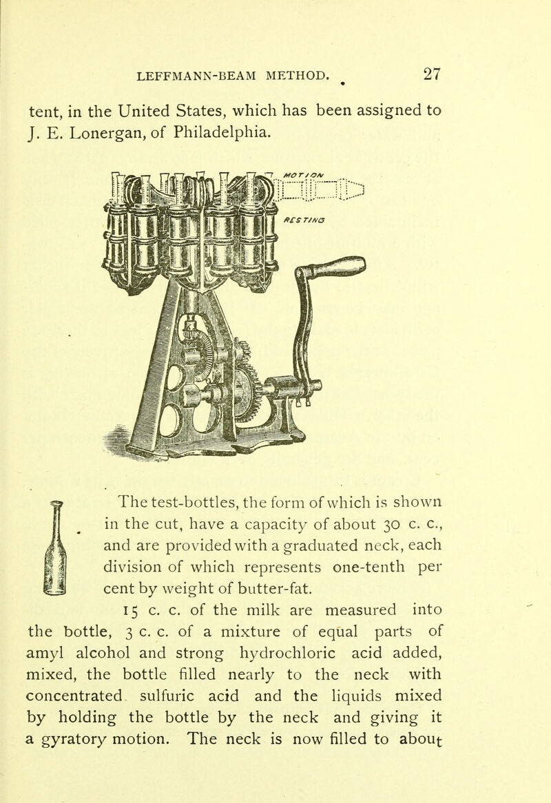 tent, in the United States, which has been assigned to J. E. Lonergan, of Philadelphia. The test-bottles, the form of which is shown in the cut, have a capacity of about 30 c. c, and are provided with a graduated neck, each division of which represents one-tenth per cent by weight of butter-fat. 15 c. c. of the milk are measured into the bottle, 3 c. c. of a mixture of equal parts of amyl alcohol and strong hydrochloric acid added, mixed, the bottle filled nearly to the neck with concentrated, sulfuric acid and the liquids mixed by holding the bottle by the neck and giving it a gyratory motion. The neck is now filled to about