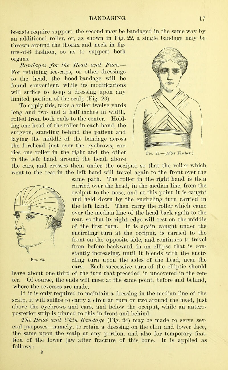 (After Fischer.) breasts require support, the second may be bandaged in the same way by an additional roller, or, as shown in Fig. 22, a single bandage may be thrown around the thorax and neck in fig- ure-of-8 fashion, so as to support both organs. Bandages for the Head and Face.— For retaining ice-caps, or other dressings to the head, the hood-bandage will be found convenient, while its modifications will suffice to keep a dressing upon any limited portion of the scalp (Fig. 23). To apply this, take a roller twelve yards long and two and a half inches in width, rolled from both ends to the center. Hold- ing one head of the roller in each hand, the surgeon, standing behind the patient and laying the middle of the bandage across the forehead just over the eyebrows, car- ries one roller in the right and the other in the left hand around the head, above the ears, and crosses them under the occiput, so that the roller which went to the rear in the left hand will travel again to the front over the same path. The roller in the right hand is then carried over the head, in the median line, from the occiput to the nose, and at this point it is caught and held down by the encircling turn carried in the left hand. Then carry the roller which came over the median line of the head back again to the rear, so that its right edge will rest on the middle of the first turn. It is again caught under the encircling turn at the occiput, is carried to the front on the opposite side, and continues to travel from before backward in an ellipse that is con- stantly increasing, until it blends with the encir- ears. Each successive turn of the elliptic should leave about one third of the turn that preceded it uncovered in the cen- ter. Of course, the ends will meet at the same point, before and behind, where the reverses are made. If it is only required to maintain a dressing in the median line of the scalp, it will suffice to carry a circular turn or two around the head, Just above the eyebrows and ears, and below the occiput, while an antero- posterior strip is pinned to this in front and behind. The Head and Chin Bandage (Fig. 24) may be made to serve sev- eral purposes—namely, to retain a dressing on the chin and lower face, the same upon the scalp at any portion, and also for temporary fixa- tion of the lower jaw after fracture of this bone. It is applied as follows: 2