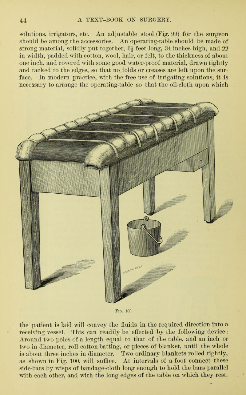 solutions, irrigators, etc. An adjustable stool (Fig. 99) for the surgeon should be among the accessories. An oi3erating-table should be made of strong material, solidly put together, feet long, 34 inches high, and 22 in width, padded with cotton, wool, hair, or felt, to the thickness of about one inch, and covered with some good water-proof material, drawn tightly and tacked to the edges, so that no folds or creases are left upon the sur- face. In modern practice, with the free use of irrigating solutions, it is necessary to arrange the operating-table so that the oil-cloth upon which the patient is laid will convey the fluids in the required direction into a receiving vessel. This can readily be effected by the following device: Around two poles of a length equal to that of the table, and an inch or two in diameter, roll cotton-batting, or pieces of blanket, until the whole is about three inches in diameter. Two ordinary blankets rolled tightly, as shown in Fig. 100, will suffice. At intervals of a foot connect these side-bars by wisps of bandage-cloth long enough to hold the bars parallel with each other, and with the long edges of the table on which they rest.