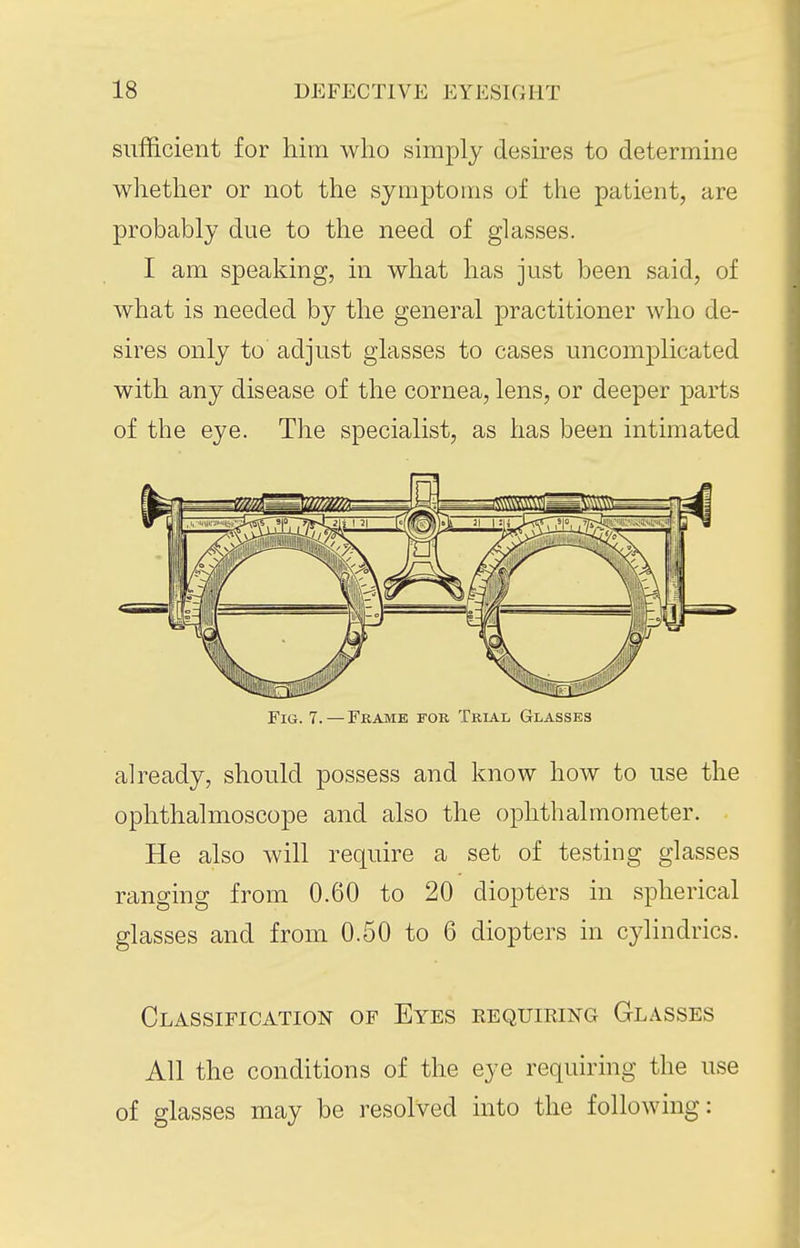 sufficient for him who simply deskes to determine whether or not the symptoms of the patient, are probably due to the need of glasses. I am speaking, in what has just been said, of what is needed by the general practitioner who de- sires only to adjust glasses to cases uncomplicated with any disease of the cornea, lens, or deeper parts of the eye. The specialist, as has been intimated Fig. 7. — Frame fob Trial Glasses already, should possess and know how to use the ophthalmoscope and also the ophthalmometer. He also will require a set of testing glasses ranging from 0.60 to 20 diopters in spherical glasses and from 0.50 to 6 diopters in cylindrics. Classification of Eyes requiring Glasses All the conditions of the eye requiring the use of glasses may be resolved into the following: