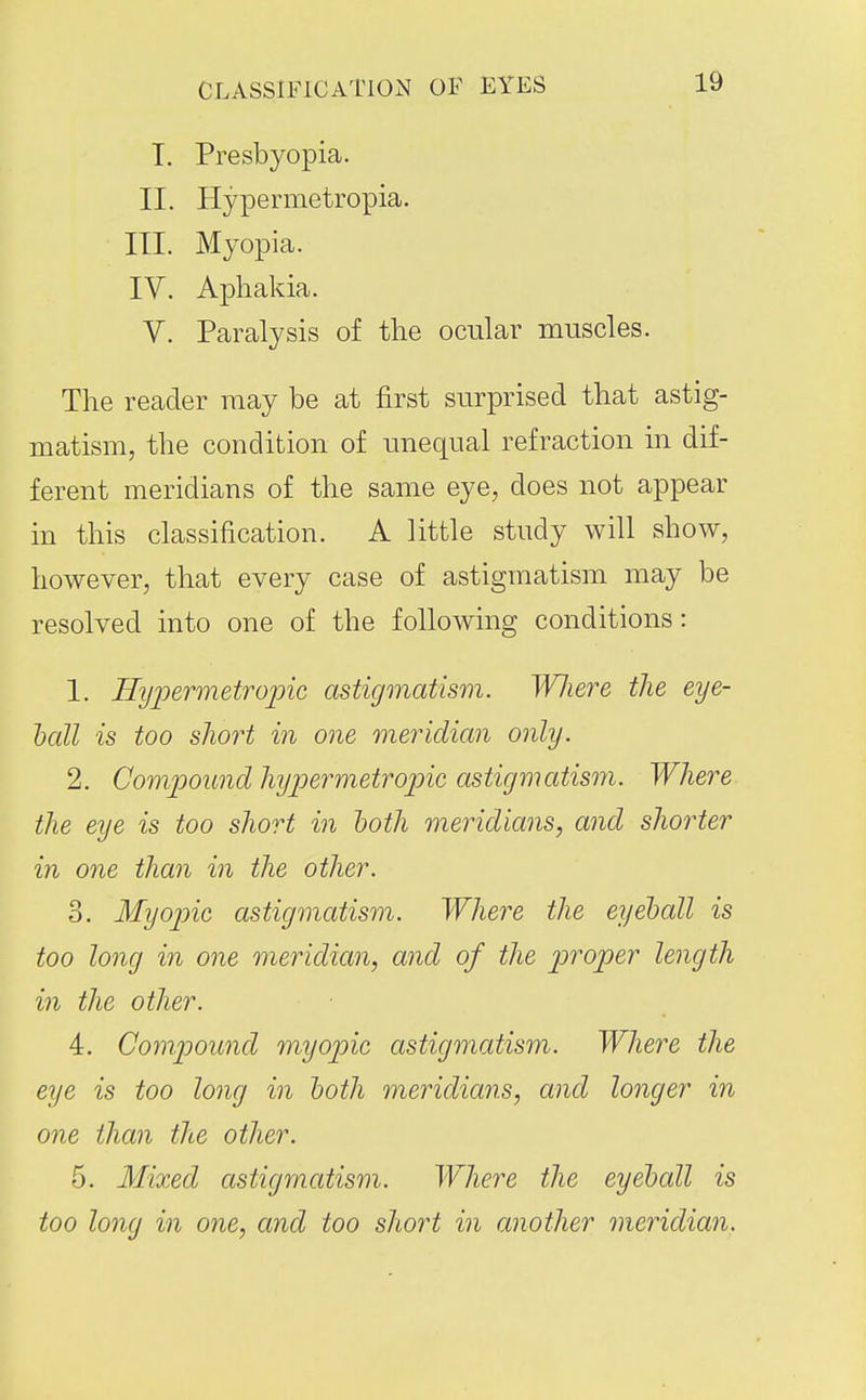 CLASSIFICATION OF EYES T. Presbyopia. II. Hypermetropia. III. Myopia. IV. Aphakia. V. Paralysis of the ocular muscles. The reader may be at first surprised that astig- matism, the condition of unequal refraction in dif- ferent meridians of the same eye, does not appear in this classification. A little study will show, however, that every case of astigmatism may be resolved into one of the following conditions: 1. Hypermetropic astigmatism. WJiere the eye- hall is too sliort in one meridian only. 2. Compound hypermetropic astigmatism. Where the eye is too short in both meridians, and shorter in one than in the other. 3. Myopic astigmatism. Where the eyeball is too long in one meridian, and of the proper length in the other. 4. Compound myopic astigmatism. Where the eye is too long in both meridians, and longer in one than the other. 5. Mixed astigmatism. Where the eyeball is too long in one, and too short in another meridian.