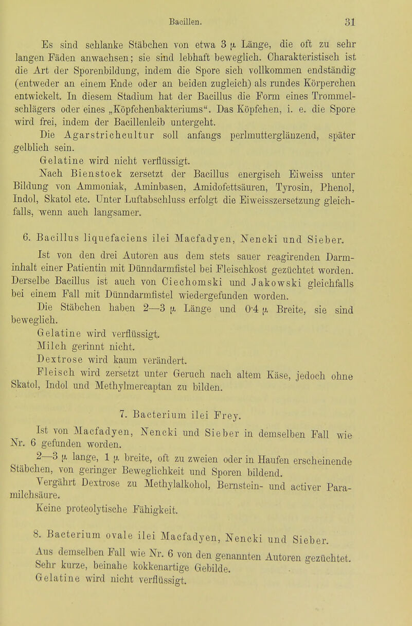 Es sind schlanke Stäbchen von etwa 3 [x Länge, die oft zu sehr langen Fäden anwachsen; sie sind lebhaft beweglich. Charakteristisch ist die Art der Sporenbildung, indem die Spore sich vollkommen endständig (entweder an einem Ende oder an beiden zugleich) als rundes Körperchen entwickelt. In diesem Stadium hat der Bacillus die Form eines Trommel- schlägers oder eines „Köpfchenbakteriums. Das Köpfchen, i. e. die Spore wird frei, indem der Bacillenleib untergeht. Die Agarstrichcultur soll anfangs perlmutterglänzend, später gelblich sein. Gelatine wird nicht verflüssigt. Nach Bienstock zersetzt der Bacillus energisch Eiweiss unter Bildung von Ammoniak, Aminbasen, Amidofettsäuren, Tyrosm, Phenol, Indol, Skatol etc. Unter Luftabschluss erfolgt die Eiweisszersetzung gleich- falls, wenn auch langsamer. 6. Bacillus liquefaciens ilei Macfadyen, Nencki und Sieber. Ist von den drei Autoren aus dem stets sauer reagirenden Darm- inhalt einer Patientin mit Dünndarmfistel bei Fleischkost gezüchtet worden. Derselbe Bacillus ist auch von Ciechomski imd Jakowski gleichfalls bei einem Fall mit Dünndarmfistel wiedergefunden worden. Die Stäbchen haben 2—3 [x Länge und 0-4 [i Breite, sie sind beweglich. Gelatine wird verflüssigt. Milch gerinnt nicht. Dextrose wird kaum verändert. Fleisch wird zersetzt unter Geruch nach altem Käse, jedoch ohne Skatol, Indol und Methylmercaptan zu bilden. 7. Bacterium ilei Frey. Ist von Macfadyen, Nencki und Sieber in demselben Fall wie Nr. 6 gefunden worden. 2—3 [X lange, 1 [x breite, oft zu zweien oder in Haufen erscheinende Stäbchen, von geringer Beweglichkeit und Sporen bildend. Vergährt Dextrose zu Methylalkohol, Bernstein- und activer Para- milchsäiire. Keine proteolytische Fähigkeit. 8. Bacterium ovale ilei Macfadyen, Nencki und Sieber. Aus demselben Fall wie Nr. 6 von den genamiten Autoren gezüchtet, behr kurze, bemahe kokkenartige Gebilde. Gelatine wird nicht verflüssigt.