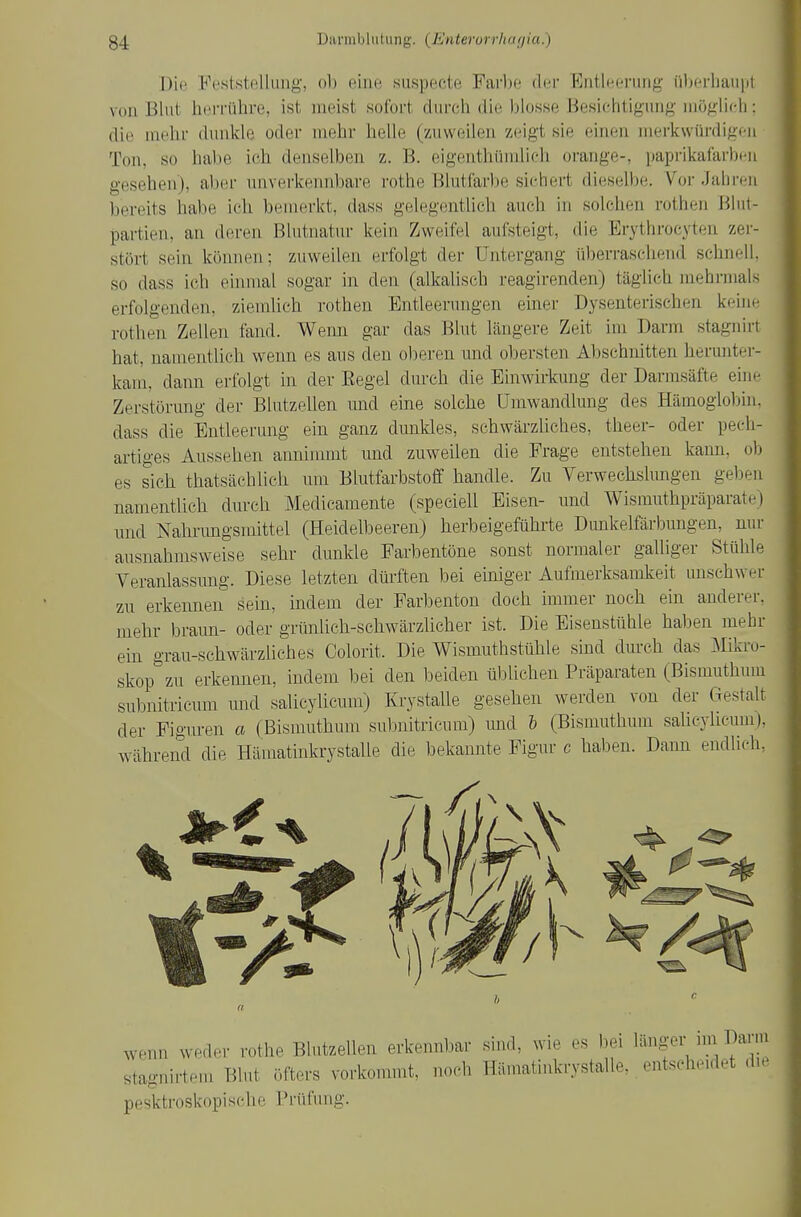 Die Feststellung, ol) eine suspeete Farbe der Entleening iiherhaui)! von Blut herrühre, ist meist sofort durch die blosse Besichtigung niöglicli: die mehr dunkle oder mehr helle (zuweilen zeigt sie i'umi merkwürdigen Ton, so habe ich denselben z. B. eigenthümlioh orange-, paprikafarben gesehen), aber unverkennbare rothe Blutiarbe sichert diesel))e. Vor Jahren bereits habe ich bemerkt, dass gelegentlich auch in solchen rothen Blut- partien, an deren Blutnatur kein Zweifel aufsteigt, die Erythrocyten zer- stört sein können; zuweilen erfolgt der Untergang überraschend schnell, so dass ich einmal sogar in den (alkalisch reagirenden) täglich mehrmals erfolgenden, ziemlich rothen Entleerungen einer Dysenterischen keine rothen Zellen fand. Weim gar das Blut längere Zeit im Darm stagnirt hat, namentlich weim es aus den oberen und obersten Abschnitten herunter- kam, dann erfolgt in der Eegel dm-ch die Einwirkung der Darmsäfte eine Zerstörung der Blutzellen und eine solche Umwandlung des Hämoglobin, dass die Entleerung ein ganz dunkles, schwärzliches, theer- oder pech- artiges Aussehen annimmt und zuweilen die Frage entstehen kann, ob es sich thatsächlich um Blutfarbstoff handle. Zu Verwechslungen geben namentlich durch Medicamente (speciell Eisen- und Wismuthpräparate) und Nahi-imgsmittel (Heidelbeeren) herbeigeführte Dunkelfärbungen, nur ausnahmsweise sehr dunkle Farbentöne sonst normaler galliger Stühle Veranlassung. Diese letzten dürften bei einiger Aufmerksamkeit unschwer zu erkeiinen sein, indem der Farbenton doch immer noch ein anderer, mehr braun- oder grinilich-schwärzlicher ist. Die Eisenstühle haben mehr ein grau-schwärzliches Colorit. Die Wismuthstühle smd dm-ch das I\Iikro- skop zu erkennen, indem bei den beiden üblichen Präparaten (Bismuthnm subnitricum und salicylicum) Krystalle gesehen werden von der Gestalt der Figuren a (Bismuthum sulniitricum) und h (Bismuthum salicylicum), während die Hämatinkrystalle die bekannte Figur c haben. Dann endlich, wenn weder rothe Blutzellen erkennbar sind, wie es bei langer iur Darm stagnirtem Blut öfters vorkommt, noch Häinatinkrystalle, entscheidet die pesktroskopische Prüfung.