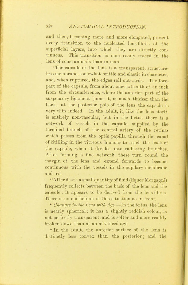 and then, becoming more and more elongated, present every transition to the nucleated lens-fibres of the superficial layers, into which they are directly con- tinuous. This transition is more easily traced in the lens of some animals than in man.  The capsule of the lens is a transparent, structure- less membrane, somewhat brittle and elastic in character, and, when ruptured, the edges roll outwards. The fore- part of the capsule, from about one-sixteenth of an inch from the circumference, where the anterior part of the suspensory ligament joins it, is much thicker than the back : at the posterior pole of the lens the capsule is very thin indeed. In the adult, it, like the lens itself, is entirely non-vascular, but in the foetus there is a network of vessels in the capsule, supplied by the terminal branch of the central artery of the retina, which passes from the oj>tic papilla through the canal of Stilling in the vitreous humour to reach the back of the capsule, when it divides into radiating branches. After forming a fine network, these turn round the margin of the lens and extend forwards to become continuous with the vessels in the pupilary membrane and iris. After death a small quantity of fluid (liquor Morgagni) frequently collects between the back of the lens and the capsule : it appears to be derived from the lens-fibres. There is no epithelium in this situation as in front.  Changes in the Lens with Age.-—In the foetus, the lens is nearly spherical: it has a slightly reddish colour, is not perfectly transparent, and is softer and more readily broken down than at an advanced age.  In the adult, the anterior surface of the lens is distinctly less convex than the posterior; and the