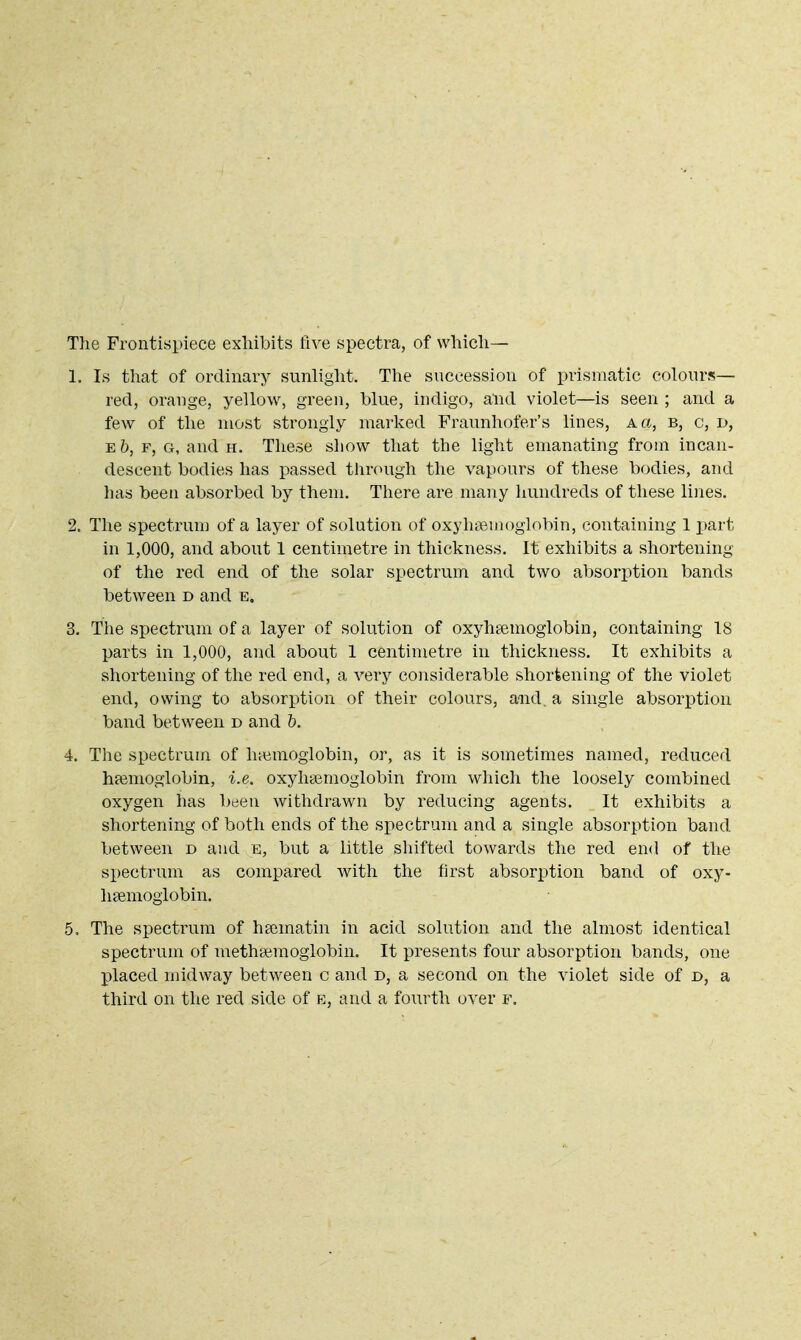 The Frontispiece exhibits five spectra, of which— 1. Is that of ordinary sunlight. The succession of prismatic colours— red, orange, yellow, green, blue, indigo, and violet—is seen ; and a few of the most strongly marked Fraunhofer's lines, a a, b, c, d, F, G, andn. These sliow that the light emanating from incan- descent bodies has passed through the vapours of these bodies, and has been absorbed by them. There are many hundreds of these lines. 2. The spectrunj of a layer of solution of oxyhtBmoglobin, containing 1 x>art in 1,000, and about 1 centimetre in thickness. It exhibits a shortening of the red end of the solar spectrum and two absorption bands between d and e. 3. The spectrum of a layer of solution of oxyheemoglobin, containing 18 parts in 1,000, and about 1 centimetre in thickness. It exhibits a shortening of the red end, a very considerable shortening of the violet end, owing to absorption of their colours, and, a single absorption band between d and 5. 4. Tlie spectrum of haemoglobin, or, as it is sometimes named, reduced hfemogiobin, i.e. oxyhsemoglobin from which the loosely combined oxygen has been withdrawn by reducing agents. It exhibits a shortening of both ends of the spectrum and a single absorption band between d and e, but a little sliifted towards the red end of the spectrum as compared with the first absorption band of oxy- hsemogiobin. 5. The spectrum of hsematin in acid solution and the almost identical spectrum of methsemoglobin. It presents four absorption bands, one placed midway between c and d, a second on the violet side of d, a third on the red side of e, and a fourth over f.