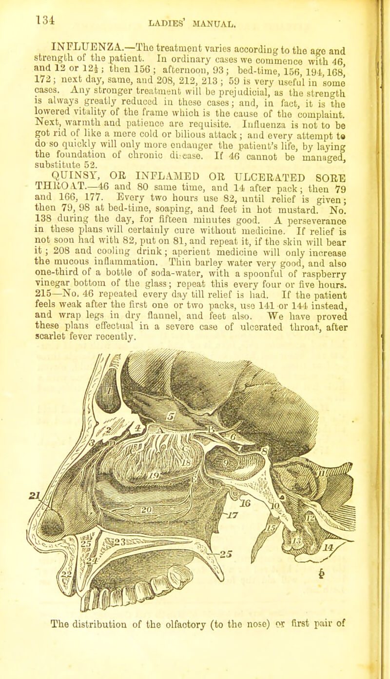 INFLUENZA..—The treatment varies according to the age and strength of the patient. In ordinary cases we commence with 46 and 12 or 12* ; then 156 ; afternoon, 93; bed-lime, 156 194 168 172; next day, same, and 208, 212, 213 ; 59 is very useful in 'some cases. Any stronger treatment will be prejudicial, as the strength is always greatly reduced in these cases; and, iu fact, it is the lowered vitality of the frame which is the cause of the complaint. Next, warmth and patience are requisite. Influenza is not to be got rid of like a mere cold or bilious attack; and every attempt to do so quickly will only more ondauger the patient's life, by laying the foundation of chronic dbcase. If 46 cannot be managed, substitute 52. QUINSY, OR INFLAMED OR ULCERATED SORE THROAT.—46 and 80 same time, and 14 after pack; then 79 and 166, 177. Every two hours use 82, until relief is given; then 79, 98 at bed-time, soaping, and feet in hot mustard. No. 138 during the day, for fifteen minutes good. A perseverance in these plans will certainly cure without medicine. If relief is not soon had with 82, put on 81, and repeat it, if the skin will bear it ; 208 and cooling drink; aperient medicine will only increase the mucous inflammation. Thin barley water very good, and also one-third of a bottle of soda-water, with a spoonful of raspberry vinegar bottom of the glass; repeat this every four or five hours. 215—No. 46 repeated every day till relief is had. If the patient feels weak after the first one or two packs, use 141 or 144 instead, and wrap legs in dry flannel, and feet also. We have proved these plans effectual in a severe case of ulcerated throat, after scarlet fever recently. The distribution of the olfaotory (to the nose) first pair of
