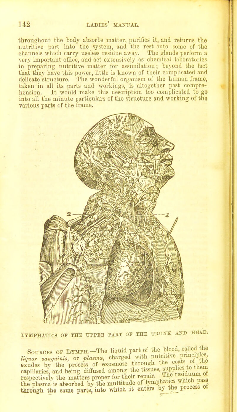 throughout the body absorbs matter, purifies it, and returns the nutritive part into the S3'stera, and the re.-t into touie of the channels which carry useless residue away. The glands perform a very important office, and act extensively as chemical laboratories in preparing nutritive matter for assimilation; beyond the lact that they have this power, little is known of their complicated and delicate structure. The wonderful organism of the human frame, taken in all its parts and workings, is altogether past compre- hension. It would make this description too complicated to go into all the minute particulars of the structure and working of the various parts of the frame. LYMPHATICS OF THE UPPER PAET OF THE TRUNK AND Sources of Lymph.—The liquid part of the blood, cauejJje liquor sanguinis, or plasma, charged with nutritive princip es exudes by the process of exosmose through the coat, o the capillaries, and being diffused among the tones, supplies to tnem respectively the matters proper for their repair. ™sl'„q„ the plasma is absorbed by the multitude of lymphatics whwhpaas through the same parts, into which it enters by the process of