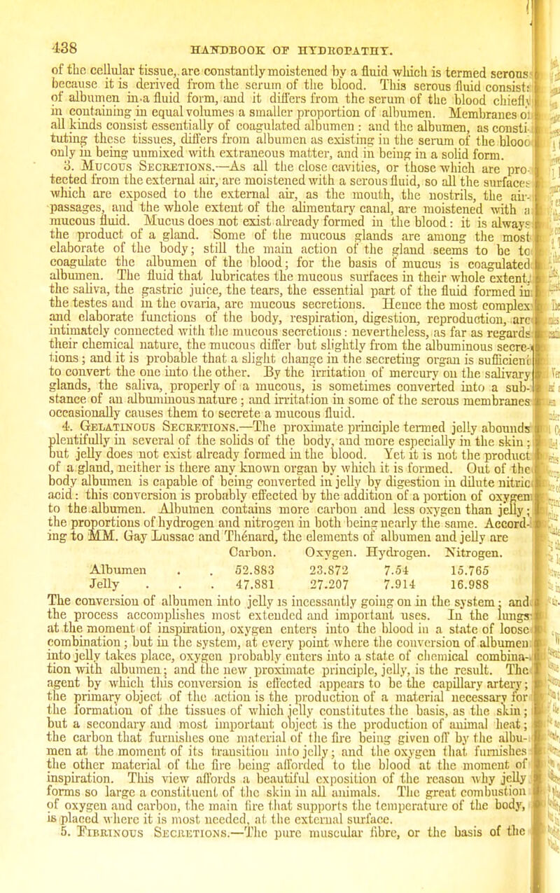 of the cellular tissue,, are constantly moistened by a fluid which is termed serous | because it is derived from the scrum of the blood. This serous fluid consist: of albumen in.a fluid form, and it differs from the serum of the blood chiefly i in containing in equal volumes a smaller proportion of albumen. Membranes 01 all kinds consist essentially of coagulated albumen : and the albumen, as consti- tuting these tissues, differs from albumen as existing in the serum of the blooc only in being unmixed with extraneous matter, and in being in a solid form. o. Mucous Secretions.—As all the close cavities, or those which are pro- tected from the external air, are moistened with a serous fluid, so all the surfaces which are exposed to the external air, as the mouth, the nostrils, the air passages, and the whole extent of the alimentary canal, are moistened with a mucous fluid. Mucus does not exist ah-eady formed in the blood: it is always the product of a gland. Some of the mucous glands are among the most elaborate of the body; still the main action of the gland seems to be to coagulate the albumen of the blood; for the basis of mucus is coagulated albumen. The fluid that lubricates the mucous surfaces in their whole extent; the saliva, the gastric juice, the tears, the essential part of the fluid formed in the testes and in the ovaria, are mucous secretions. Hence the most complex and elaborate functions of the body, respiration, digestion, reproduction, -are intimately connected with the mucous secretions: nevertheless, as far as regards, their chemical nature, the mucous differ but slightly from the albuminous secre-i tions; and it is probable that a slight change in the' secreting organ is sufficient to convert the one into the other. By the irritation of mercury on the salivary I fa glands, the saliva, properly of a mucous, is sometimes converted into a sub stance of an albuminous nature; and irritation in some of the serous membrane: occasionally causes them to secrete a mucous fluid. 4. Gelatinous Secretions.—The proxnnate principle termed jelly aboundi plentifully in several of the solids of the body, and more especially in the skin ; but jelly does not exist already formed in the blood. Yet it is not the product of a gland, neither is there any known organ by which it is formed. Out of the. body albumen is capable of being converted in jelly by digestion in dilute nitric; acid: this conversion is probably effected by the addition of a portion of oxygen to the albumen. Albumen contains more carbon and less oxygen than jelly; the proportions of hydrogen and nitrogen in both being nearly the same. Accord- ing to MM. Gay Lussac and Thenard, the elements of albumen and jelly are Carbon. Oxygen. Hydrogen. Nitrogen. Albumen . . 52.883 23.872 7.5-1 15.765 Jelly . . . 47.881 27-207 7.9H 16.9S8 The conversion of albumen into jelly is incessantly going on in the system: tmdc the process accomplishes most extended and important uses. In the lungs-, at the moment of inspiration, oxygen enters into the blood in a state of loose combination ; but in the system, at every point where the conversion of albumen into jelly takes place, oxygen probably enters into a state of chemical combina- tion with albumen; and the new proximate principle, jelly, is the result. The agent by which this conversion is effected appears to be the capillary artery; the primary object of the action is the production of a material necessary for the formation of the tissues of which jelly constitutes the basis, as the skin; but a secondary and most important object is the production of animal heat; the carbon that furnishes oue material of the fire being given off by the albu- men at the moment of its transition into jelly; and the oxygen that furnishes the other material of the fire being afforded to the blood at the moment ofw$t inspiration. This view affords a beautiful exposition of the reason why jelly f < forms so large a constituent of the skin in all animals. The great combustion of oxygen and carbon, the main tire that supports the temperature of the body, is placed where it is most needed, at the external surface. 5. Fibrinous Secretions.—The pure muscular fibre, or the basis of the