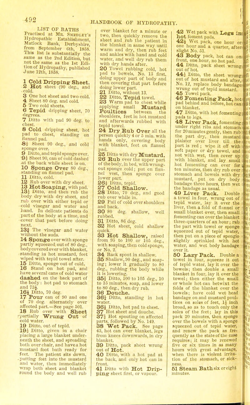 LIST OF BATH3 Practised at Mn. Sjiedley's Hydropathic Establishment, Matlock Bank, Derbyshire, from September Cth, 185s! This list is substantially the same as the 2nd Edition, but not the same as the 1st Edi- tion of Hydropathy, published June 12th, 1S58. HANDBOOK OF HYDROPATHY. 1 Cold Dripping Sheet. 2 Hot sheet (90 deg., and cold. 3 One hot sheet and two cold. 4 Sheet 80 deg. and cold. 5 Two cold sheets. 6 Tepid dripping sheet, 70 degrees. 7 Ditto with pad 90 deg. to chest. 8 Cold dripping sheet, hot pad to chest, standing on flannel pad. 84 Sheet 90 deg., and cold sponge over. 9 Ditto, and tepid sponge over. 94 Sheet 90, can of cold dashed -at the back while sheet is on. 10 Sponge Over 80 deg., standing on flannel pad. 11 Ditto, cold. 12 Rub over with dry sheet. 13 Hot Soaping-, with pad. 134 Ditto, and then rub the body dry with dry sheet, and rub over with either tepid or cold vinegar and water and hand. In delicate patients do part of the body at a time, and cover that part before doing next. 13| Tlle vinegar and water W'ithout the suds. 14 Sponge over with sponge partly squeezed out of 80 deg., body covered over with blanket, standing in hot mustard, feet wiped with tepid towel after. 15 Ditto, sponge out of cold. 16 Stand on hot pad, and have several cans of cold water dashed on the back part of the body: hot pad to stomach and 73J. 16J Ditto, 70 deg. 17 Pour can of 90 and one of 70 deg. alternately over affected part.—See page 501. 18 Rub over with Sheet -partially Wrung- Out of cold water. 19 Ditto, out of tepid. 19s Ditto, given in a chair placing a large blanket under- neath the sheet, and spreading both overchair, and havea hot mustard foot bath ready for feet. Tho patient sits down, -putting feet into the mustard and water, then immediately wrap both sheet and blanket round the body and well rub over blanket for a minute or two, then quickly remove the sheet and rub the patient in the blanket in same way until warm and dry, then rub feet and ankles with hand and cold water, and well dry rub them with dry hands after. 20 Towel rubbing cold, hot pad to bowels, No. 13 first, doing upper part of body and then covering that part before doing lower part 21 Ditto, without 13. 22 Ditto, Tepid towel. 23 Warm pad to chest while applying small Mustard Poultices between the shoulders, feet in hot mustard and afterwards rubbed with tepid towel. 24 Dry Rub Over all the person quickly 4 or 5 mm. with hands only, covering body with blanket, feet on flannel pad. 25 Ditto with dry Mustard. 26 Rub over the upper part of the body, in bed, with wrung- out sponge cold; put on flan- nel vest, then sponge over lower part. 264 Ditto, tepid. 27 Cold Shallow. 28 Ditto, 70 deg., and good rub over while in. 29 Pail of cold over shoulders and back. 30 80 deg. shallow, well rubbed. 31 Ditto, 8G deg. 32 Hot sheet, cold shallow quick. 33 Hot Shallow, raised from 95 to 100 or 105 deg., with soaping, then cold sponge, or No. 2. 34 Back spout in shallow. 35 Shallow, 90 deg., and soap- ing; lower it gradually to 80 deg., rubbing the body while it is lowering. 354 Ditto, 100 to 105 deg., 10 to 15 minutes, soap, and lower to 80 deg., then dry rub. 36 Douche. 36i Ditto, standing in hot water. 36J Ditto, hot pad to chest. 37 Hot sheet and douche. 374 Hot spouting on affected parts, followed by No. 149. 38 Wet Pack. See page 43, hot can over blanket, legs from knees downwards, in dry blanket. 39 Ditto, pack sheet wrung out of Hot. 40 Ditto, with a hot pad at the back, and only hot can in front. 41 Ditto with Hot Drip- ping- sheet first, or vapour. 42 Wet pack with Legs inJ hot foment pads. 424 Wet pack, one hour or I one hour and a quarter, after I slight No. 51. 43 Body pack, hot can on I front, one hour, no hot pad. 44 Ditto, pack sheet wrung I out of hot 444 Ditto, the sheet wrung] out of hot mustard and after, ! No. 12, replace body bandage' I wrung out of tepid mustard. 45 Towel pack. 46 Fomenting Pack, hot pad behind and before, hot cann on blanket. 47 Ditto, with hot fomenting:! pads to legs. 48 Liver Pack, fomenting under right ribs and stomach 1 for 20 minutes gently, then rub the part dry, then mustard plaister over liver till the part is red ; wipe it off with soft paper or dry towel, and not witli wet, then cover up witli blanket, and lay small hot fomenting can over for J ten minutes, then dry rub over 1 stomach and bowels with dry mustard, put on dry body bandage three hours, then wet the bandage as usual. 49 Liver Pack. Double a towel in four, wrung out of ] tepid water, lay it over the liver, then a fold of flannel or small blanket over, then small fomenting can over the blanket j three-quarters of an horn-; rub the part with towel or sponge squeezed out of tepid water, then put on a piece of spongio • slightly sprinkled with hot water, and wet body bandage ■ over it. 50 Lazy Pack. Double a towel in four, squeeze it out of tepid water, lay it over the bowels; then double a small blanket in four, lay it over the towel; then cither the small or whole hot can betwixt the I folds of the blanket over the I bowels; have cold wet head I bandage on and mustard poul- I tices on soles of feet, 14 inch I broad, so as to touch only the I soles of the feet; lay in this | pack 20 minutes, then sponge I over the bowels with a sponge I squeezed out of tepid water, I and renew the pack as fre- [ quently as the state of the case j requires; it may be renewed I five or six times in as many I hours with great advantage, when there is violent irrita- tion of the stomach, or sick- I ness. 51 Steam Bath six oreight minutes.