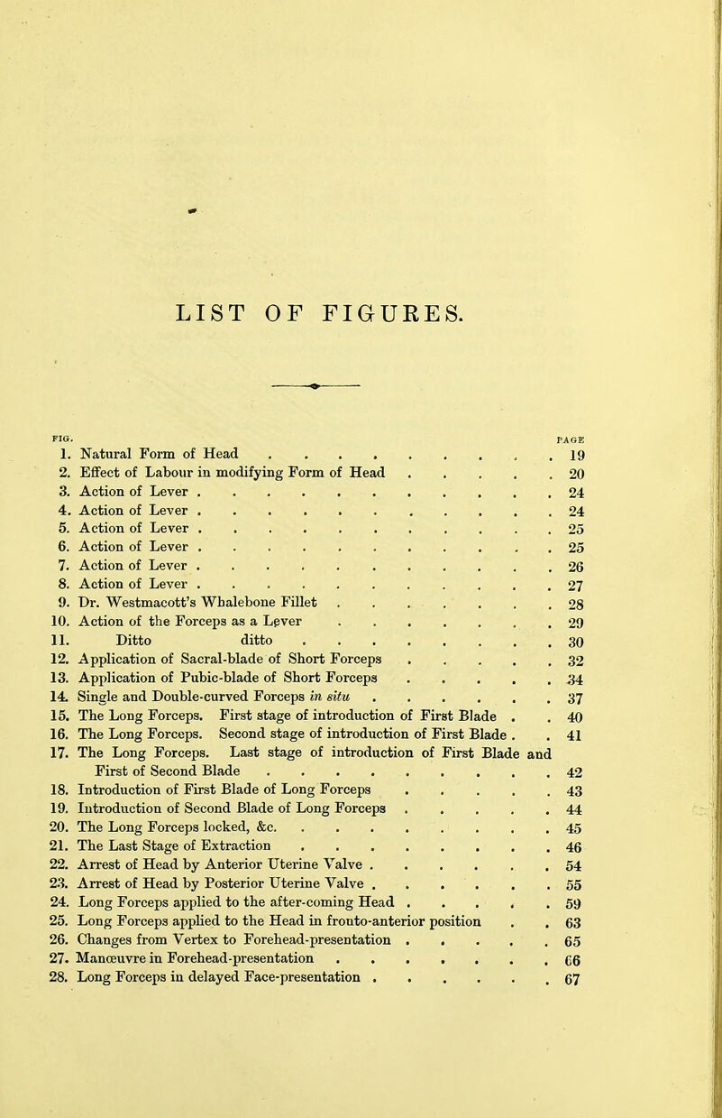 LIST OF FIGURES. FIG- PAGE 1. Natural Form of Head 19 2. Effect of Labour in modifying Form of Head 20 3. Action of Lever 24 4. Action of Lever 24 5. Action of Lever ........... 25 6. Action of Lever ........... 25 7. Action of Lever 26 8. Action of Lever 27 9. Dr. Westmacott's Whalebone Fillet 28 10. Action of the Forceps as a Lever 29 11. Ditto ditto 30 12. Application of Sacral-blade of Short Forceps 32 13. Application of Pubic-blade of Short Forceps 34 14. Single and Double-curved Forceps in situ ...... 37 15. The Long Forceps. First stage of introduction of First Blade . . 40 16. The Long Forceps. Second stage of introduction of First Blade . .41 17. The Long Forceps. Last stage of introduction of First Blade and First of Second Blade 42 18. Introduction of First Blade of Long Forceps ..... 43 19. Introduction of Second Blade of Long Forceps 44 20. The Long Forceps locked, &c 45 21. The Last Stage of Extraction 46 22. Arrest of Head by Anterior Uterine Valve 54 23. Arrest of Head by Posterior Uterine Valve ...... 55 24. Long Forceps applied to the after-coming Head .... .59 25. Long Forceps applied to the Head in fronto-anterior position . . 63 26. Changes from Vertex to Forehead-presentation 65 27. Manoeuvre in Forehead-presentation ....... 66 28. Long Forceps m delayed Face-presentation .67