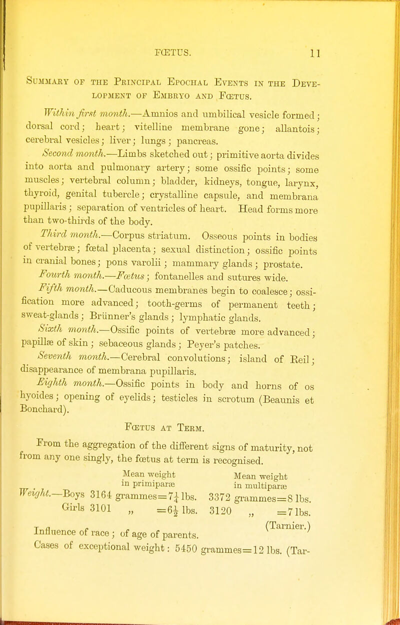 Summary of the Principal Epochal Events in the Deve- lopment OF Embryo and Eoetus. Within first month.—Amnios and umbilical vesicle formed; dorsal cord; heart; vitelline membrane gone; allantois; cerebral vesicles; liver; lungs ; pancreas. Second month.—Limbs sketched out; primitive aorta divides into aorta and pulmonary artery; some ossific points; some muscles; vertebral column; bladder, kidneys, tongue, larynx, thyroid, genital tubercle; crystalline capsule, and membrana pupillaris ; separation of ventricles of heart. Head forms more than two-thri-ds of the body. Third month.—Corpus striatum. Osseous points in bodies of vertebrae; foetal placenta; sexual distinction; ossific points m cranial bones; pons varolii; mammary glands ; prostate. Fourth month.—Fmtus; fontanelles and sutures wide. Fifth moni;/i.—Caducous membranes begin to coalesce; ossi- fication more advanced; tooth-germs of permanent teeth; sweat-glands ; Briinner's glands ; lymphatic glands. Sixth TOon^/i.—Ossific points of vertebrte more advanced; papilla of skin ; sebaceous glands ; Peyer's patches. Seventh mo?zi!A.—Cerebral convolutions; island of Reil; disappearance of membrana pupillaris. Eighth monil/i.—Ossific points in body and horns of os hyoides; opening of eyelids; testicles in scrotum (Beaunis et Bouchard). FcETUs AT Term. From the aggregation of the cUfferent signs of maturity, not from any one singly, the fcetus at term is recognised. Mean weight Mean weight primiparffi in multipaic^ Weight.—Boys 3164 grammes=7^ lbs. 3372 grammes=8 lbs. Girls 3101 „ =61 lbs. 3120 „ =71bs. TO /. . (Tarnier.) Influence of race ; of age of parents. Cases of exceptional weight: 5450 grammes=12 lbs. (Tar-