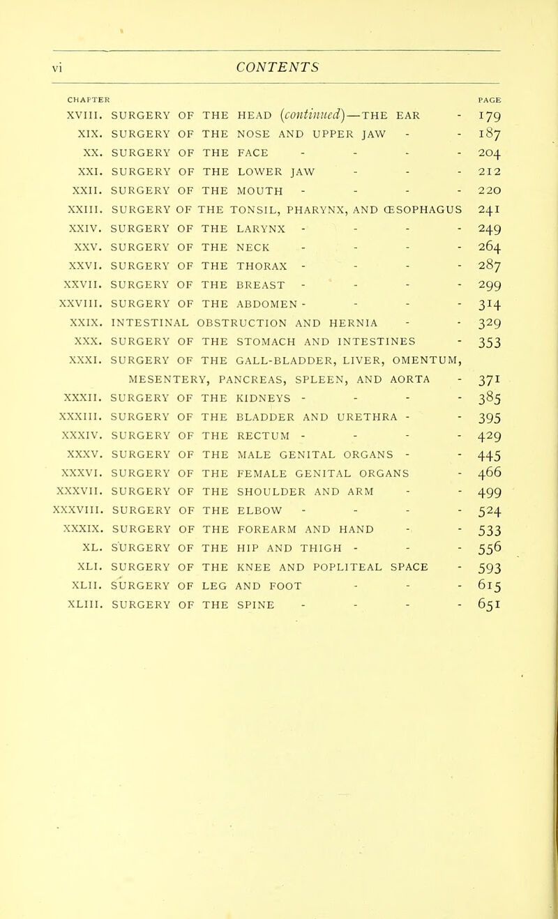 CHAPTER PAGE XVIII. SURGERY OF THE HEAD (continued)—THE EAR - 179 XIX. SURGERY OF THE NOSE AND UPPER JAW - - 187 XX. SURGERY OF THE FACE .... 204 XXI. SURGERY OF THE LOWER JAW - - - 212 XXII. SURGERY OF THE MOUTH - - - - 220 XXIII. SURGERY OF THE TONSIL, PHARYNX, AND OESOPHAGUS 24I XXIV. SURGERY OF THE LARYNX - - - - 249 XXV. SURGERY OF THE NECK .... 264 XXVI. SURGERY OF THE THORAX - 287 XXVII. SURGERY OF THE BREAST - - - - 299 XXVIII. SURGERY OF THE ABDOMEN - - - - 314 XXIX. INTESTINAL OBSTRUCTION AND HERNIA - - 329 XXX. SURGERY OF THE STOMACH AND INTESTINES - 353 XXXI. SURGERY OF THE GALL-BLADDER, LIVER, OMENTUM, MESENTERY, PANCREAS, SPLEEN, AND AORTA - 37I XXXII. SURGERY OF THE KIDNEYS - - - - 385 XXXIII. SURGERY OF THE BLADDER AND URETHRA - - 395 XXXIV. SURGERY OF THE RECTUM - - - - 429 XXXV. SURGERY OF THE MALE GENITAL ORGANS - - 445 XXXVI. SURGERY OF THE FEMALE GENITAL ORGANS - 466 XXXVII. SURGERY OF THE SHOULDER AND ARM - - 499 XXXVIII. SURGERY OF THE ELBOW - 524 XXXIX. SURGERY OF THE FOREARM AND HAND -. - 533 XL. SURGERY OF THE HIP AND THIGH - - 556 XLI. SURGERY OF THE KNEE AND POPLITEAL SPACE - 593 XLII. SURGERY OF LEG AND FOOT - - - 615 XLIII. SURGERY OF THE SPINE - 65I