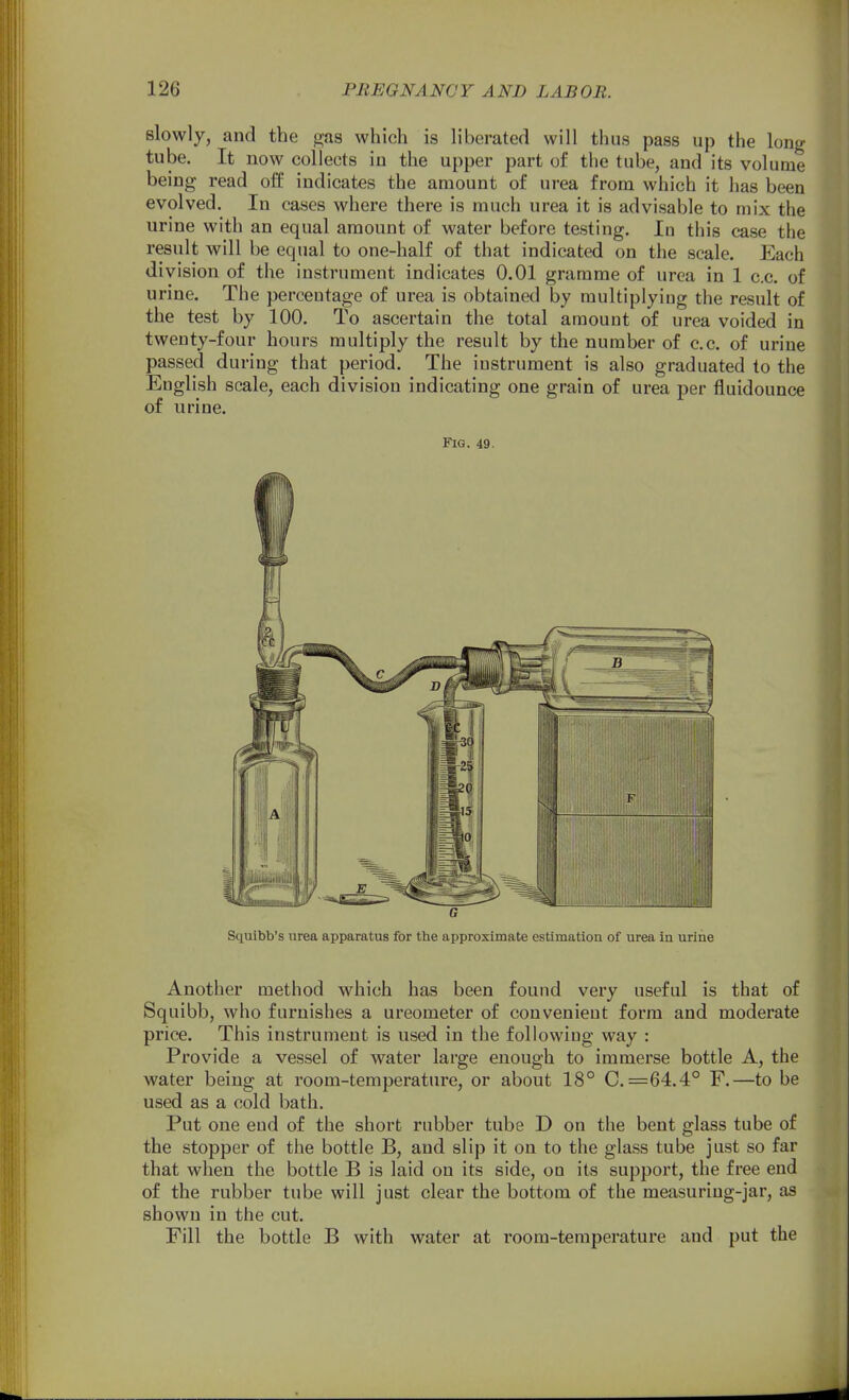 slowly, and the gas which is liberated will thus pass up the long tube. It now collects in the upper part of the tube, and its volume being read off indicates the amount of urea from which it has been evolved. In cases where there is much urea it is advisable to mix the urine with an equal amount of water before testing. In this case the result will be equal to one-half of that indicated on the scale. Each division of the instrument indicates 0.01 gramme of urea in 1 c.c. of urine. The percentage of urea is obtained by multiplying the result of the test by 100. To ascertain the total amount of urea voided in twenty-four hours multiply the result by the number of c.c. of urine passed during that period. The instrument is also graduated to the English scale, each division indicating one grain of urea per fluidounce of urine. Fig. 49. Squibb's urea apparatus for the approximate estimation of urea in urine Another method which has been found very useful is that of Squibb, who furnishes a ureometer of convenient form and moderate price. This instrument is used in the following way : Provide a vessel of water large enough to immerse bottle A, the water being at room-temperature, or about 18° C. =64.4° F.—to be used as a cold bath. Put one end of the short rubber tube D on the bent glass tube of the stopper of the bottle B, and slip it on to the glass tube just so far that when the bottle B is laid on its side, on its support, the free end of the rubber tube will just clear the bottom of the measuring-jar, as shown in the cut. Fill the bottle B with water at room-temperature and put the