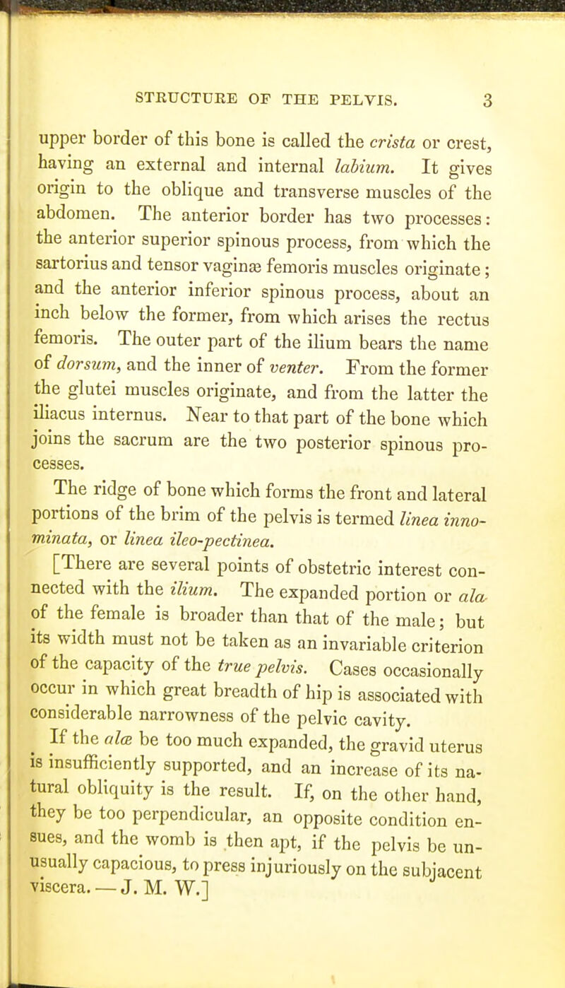 upper border of this bone is called the crista or crest, having an external and internal labium. It gives origin to the oblique and transverse muscles of the abdomen. The anterior border has two processes: the anterior superior spinous process, from which the sartorius and tensor vaginte femoris muscles originate; and the anterior inferior spinous process, about an mch below the former, from which arises the rectus femoris. The outer part of the ilium bears the name of dorsum, and the inner of venter. From the former the glutei muscles originate, and from the latter the iliacus internus. Near to that part of the bone which joins the sacrum are the two posterior spinous pro- cesses. The ridge of bone which forms the front and lateral portions of the brim of the pelvis is termed linea inno- minata, or linea ileo-pectinea. [There are several points of obstetric interest con- nected with the ilium. The expanded portion or ala- of the female is broader than that of the male; but its width must not be taken as an invariable criterion of the capacity of the true pelvis. Cases occasionally occur in which great breadth of hip is associated with considerable narrowness of the pelvic cavity. If the al(B be too much expanded, the gravid uterus is insufficiently supported, and an increase of its na- tural obliquity is the result. If, on the other hand, they be too perpendicular, an opposite condition en- sues, and the womb is then apt, if the pelvis be un- usually capacious, to press injuriously on the subjacent viscera. — J. M. W.]