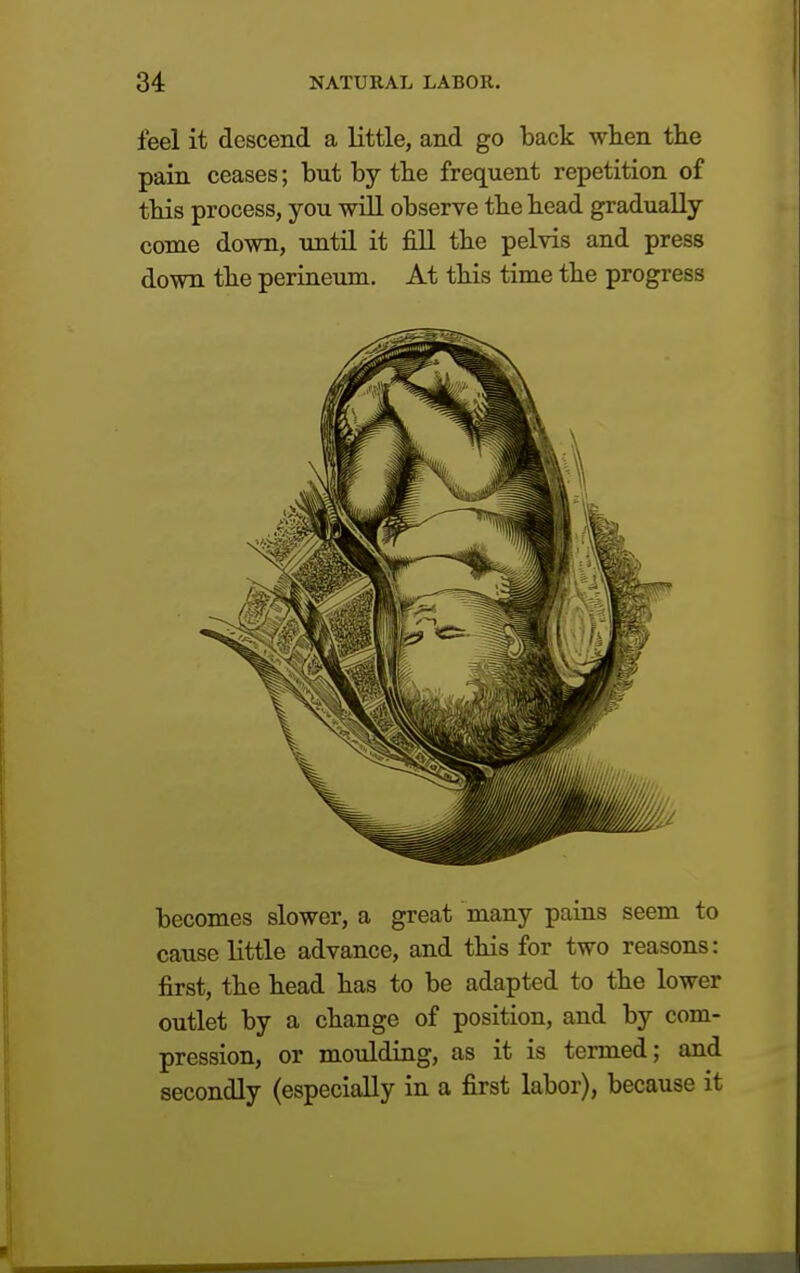 feel it descend a little, and go back when the pain ceases; but by the frequent repetition of this process, you will observe the head gradually come down, until it fill the pelvis and press down the perineum. At this time the progress becomes slower, a great many pains seem to cause little advance, and this for two reasons: first, the head has to be adapted to the lower outlet by a change of position, and by com- pression, or moulding, as it is termed; and secondly (especially in a first labor), because it