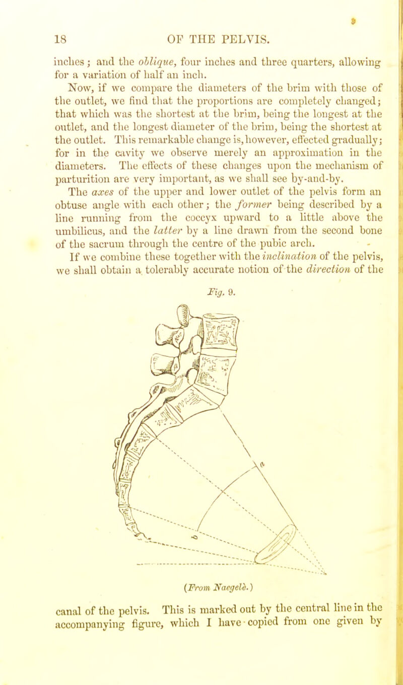 inclics; and the oblique, four inches and three quarters, allowing for a variation of half an inch. Now, if we compare the diameters of the brim with those of the outlet, we find that the proportions are completely changed; that which was the shortest at the brim, being the longest at the ontlet, and the longest diameter of the brim, being the shortest at the outlet. This remarkable change is, however, effected gradually; for in the Ciivity we observe merely an approximation in the diameters. The effects of these changes upon the mechanism of parturition are very important, as we shall see by-and-by. The axes of the upper and lower outlet of the pelvis form an obtuse angle with each other; the former being described by a line ninning from the coccyx upward to a little above the umbilicus, and the latter by a line dra\ra from the second bone of the sacrum through the centre of the pubic arch. If we combine these together with the inclination of the pelvis, we shall obtain a tolerably accurate notion of the direction of the Mg. 9. (From Naegelh.) canal of the pelvis. This is marked out by the central line in the accompanying figure, which I have copied from one given by