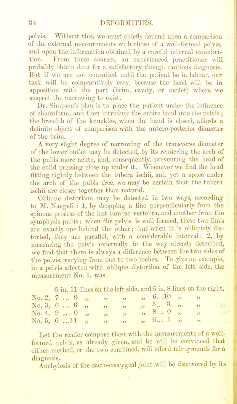 pelvis. Without this, we must cliiefly depend upon a comparison of the external measurements with those of a well-formed pelvis, and upon the information obtained by a careful internal examina- tion. From these sources, an experienced practitioner will probably obtain data for a satisfactory though cautious diagnosis. But if we are not consulted until the patient be hi labour, our task will be comparatively easy, because the head will be in apposition with the part (brim, cavity, or outlet) where we suspect the narrowing to exist. Dr. Simpson's plan is to place the patient under the influence of chloroform, and then introduce the entire hand into the pelvis ; the breadth of the knuckles, when the hand is closed, affords a definite object of comparison with the antero-posterior diameter of the brim. A very slight degree of narrowing of the transverse diameter of the lower outlet may be detected, by its rendering the arch of the pubis more acute, and, consequently, preventing the head of the child pressing close up under it. Whenever we find the head fitting tightly between the tubera ischii, and yet a space under the arch of the pubis free, we may be certain that the tubera ischii are closer together than natural. Oblique distortion may be detected in two ways, according to M. Naegelo : 1, by dropping a line perpendicularly from the spinous process of the last lumbar vertebra, and another i'rom the symphysis pubis; when the pelvis is well formed, these two lines are exac tly one behind the other: but when it is obliquely dis- torted, they are parallel, with a considerable interval: 2, by measui-ing the pelvis externally in the way already described, we find that there is always a difl'erence between the two sides of the pelvis, varying from one to two inches. To give an example, in a pelvis aftected with oblique distortion of the left side, the measurement No. 1, was G in. 11 lines on the left side, and 5 in. 8 lines on the right. No. 2, 7 ... 9 „ „ „ „ 6...10 „ No. 3, 6 ... 6 „ „ „ „ 5... 3 „ „ No. 4, 9 ... 0 „ „ „ „ S... 0 „ No. 5, 6 ...11 „ „ „ „ G... 1 „ Let the reader compare these with the measurements of a well- formed pelvis, as already given, and he will be convinced that either method, or the two combined, will aflbrd fair grounds for a diagnosis. Anchylosis of the sacro-coccygcal joint will be discovered by its