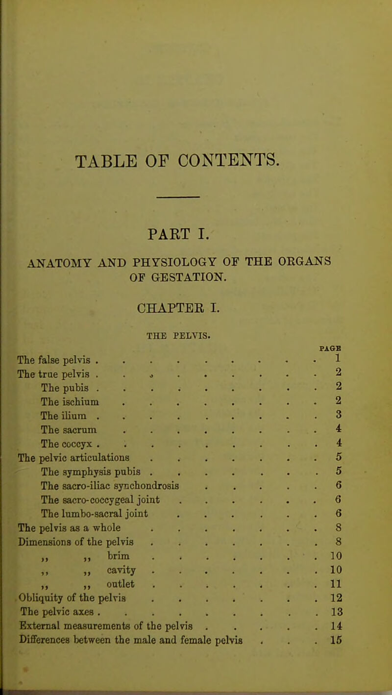 TABLE OF CONTENTS. PART I. ANATOMY AND PHYSIOLOGY OF THE ORGANS OF GESTATION. CHAPTER I. THE PELVIS. PAGB The false pelvis ......... 1 The true pelvis . . j ...... 2 The pubis . . ; 2 The ischium ........ 2 The ilium ... . . . .3 The sacrum ........ 4 The coccyx ......... 4 The pelvic articulations 5 The symphysis pubis . ... . . .5 The sacro-iliac synchondrosis ..... 6 The sacro-coccygeal joint ... ... 6 The lumbo-sacral joint ... ... 6 The pelvis as a whole ....... 8 Dimensions of the pelvis .8 ,, brim . . . . . . • . 10 ,, „ cavity 10 ,, ,, outlet ....... 11 Obliquity of the pelvis 12 The pelvic axes. .13 External measurements of the pelvis . . . . .14 Differences between the male and female pelvis . . .15