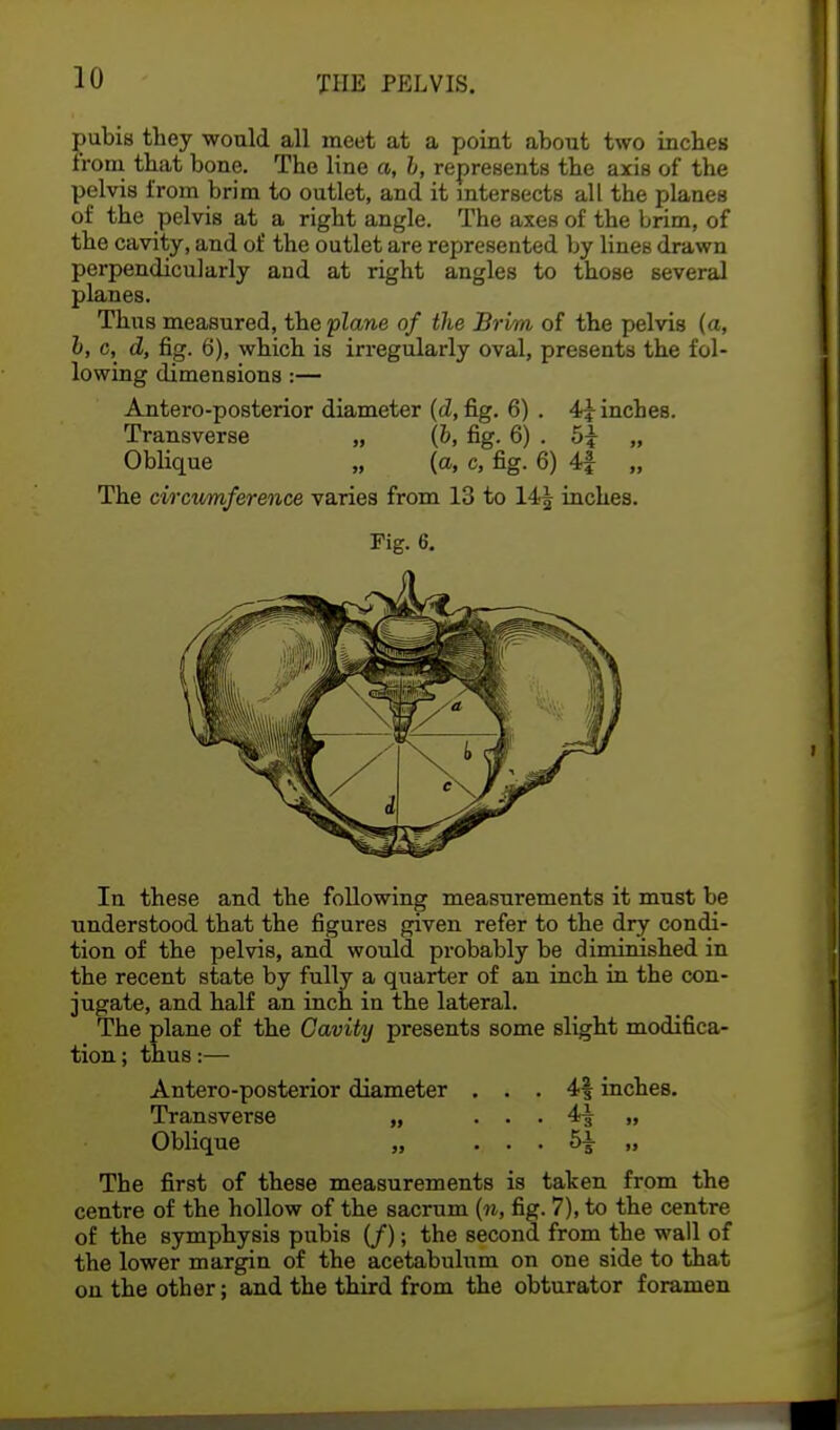 pubis they would all meet at a point about two inches from that bone. The line a, h, represents the axis of the pelvis from brim to outlet, and it intersects all the planes of the pelvis at a right angle. The axes of the brim, of the cavity, and of the outlet are represented by lines drawn perpendicularly and at right angles to those several planes. Thus measured, the plane of the Brim of the pelvis (a, b, a, d, fig. 6), which is irregularly oval, presents the fol- lowing dimensions :— Antero-posterior diameter (d, fig. 6) . 4? inches. Transverse „ (b, fig. 6) . 5£ „ Oblique „ (a, c, fig. 6) 4f „ The circumference varies from 13 to 14£ inches. Fig. 6. In these and the following measurements it must be understood that the figures given refer to the dry condi- tion of the pelvis, and would probably be diminished in the recent state by fully a quarter of an inch in the con- jugate, and half an inch in the lateral. The plane of the Cavity presents some slight modifica- tion ; thus:— Antero-posterior diameter . . . 4| inches. Transverse „ . . . 4| „ Oblique „ . . . 5| „ The first of these measurements is taken from the centre of the hollow of the sacrum (n, fig. 7), to the centre of the symphysis pubis (/); the second from the wall of the lower margin of the acetabulum on one side to that on the other; and the third from the obturator foramen