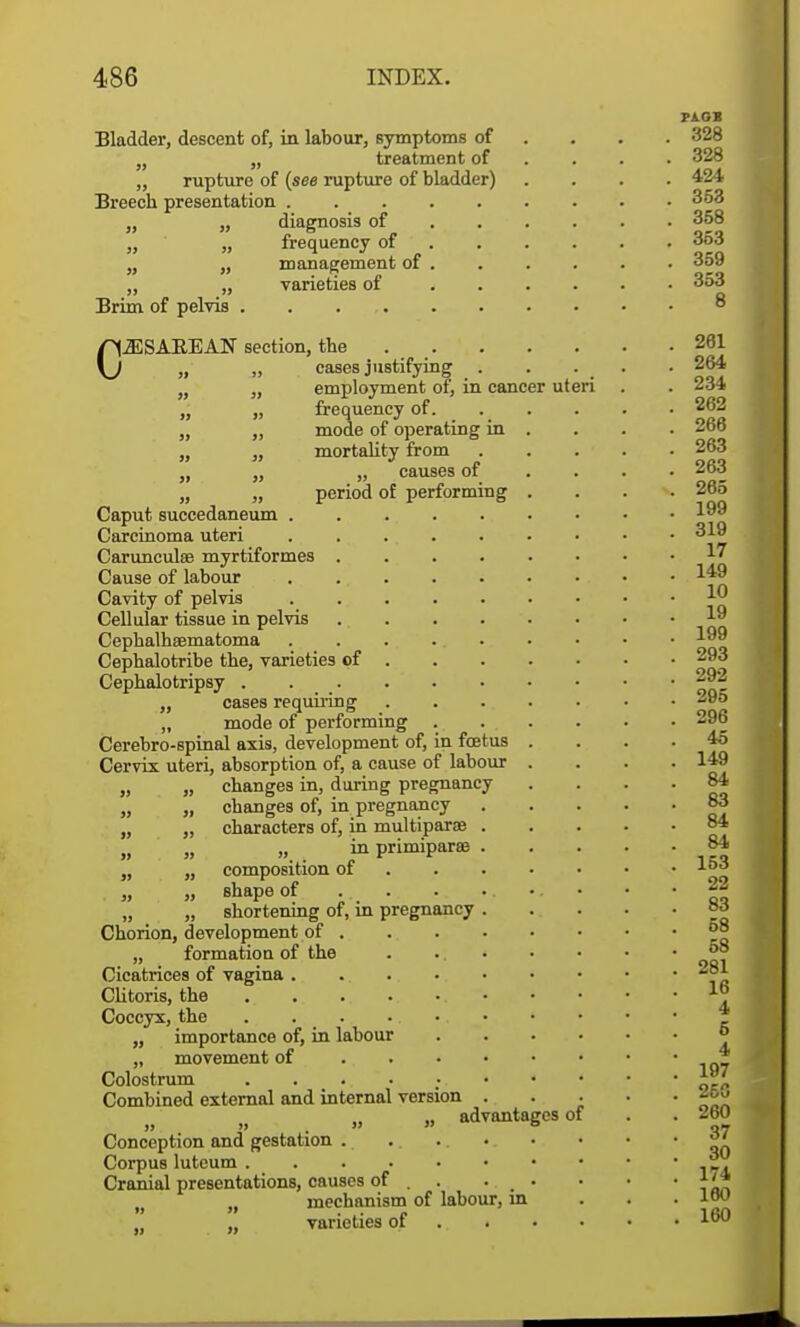 Bladder, descent of, in labour, symptoms of n „ treatment of „ rupture of (see rupture of bladder) Breech presentation . „ „ diagnosis of „ „ frequency of „ „ management of „ „ varieties of Brim of pelvis .... CiESAREAF section, the „ cases justifying „ „ employment of, in cancer ut „ „ frequency of. „ ,, mode of operating in „ „ mortality from „ „ „ causes of „ „ period of performing Caput succedaneum . Carcinoma uteri Carunculee myrtiformes Cause of labour Cavity of pelvis Cellular tissue in pelvis Cephalhsematoma Cephalotribe the, varieties of Cephalotripsy . . _ . „ cases requiring „ mode of performing Cerebro-spinal axis, development of, in foetus Cervix uteri, absorption of, a cause of labour „ „ changes in, during pregnancy „ „ changes of, in pregnancy „ „ characters of, in multipart „ „ „ . in primiparee „ „ composition of „ „ shape of „ „ shortening of, in pregnancy Chorion, development of . „ formation of the Cicatrices of vagina .... Clitoris, the . Coccyx, the . . . „ importance of, in labour „ movement of Colostrum . Combined external and internal version „ „ advantages of Conception and gestation . Corpus luteum .... Cranial presentations, causes of . „ mechanism of labour, in „ varieties of