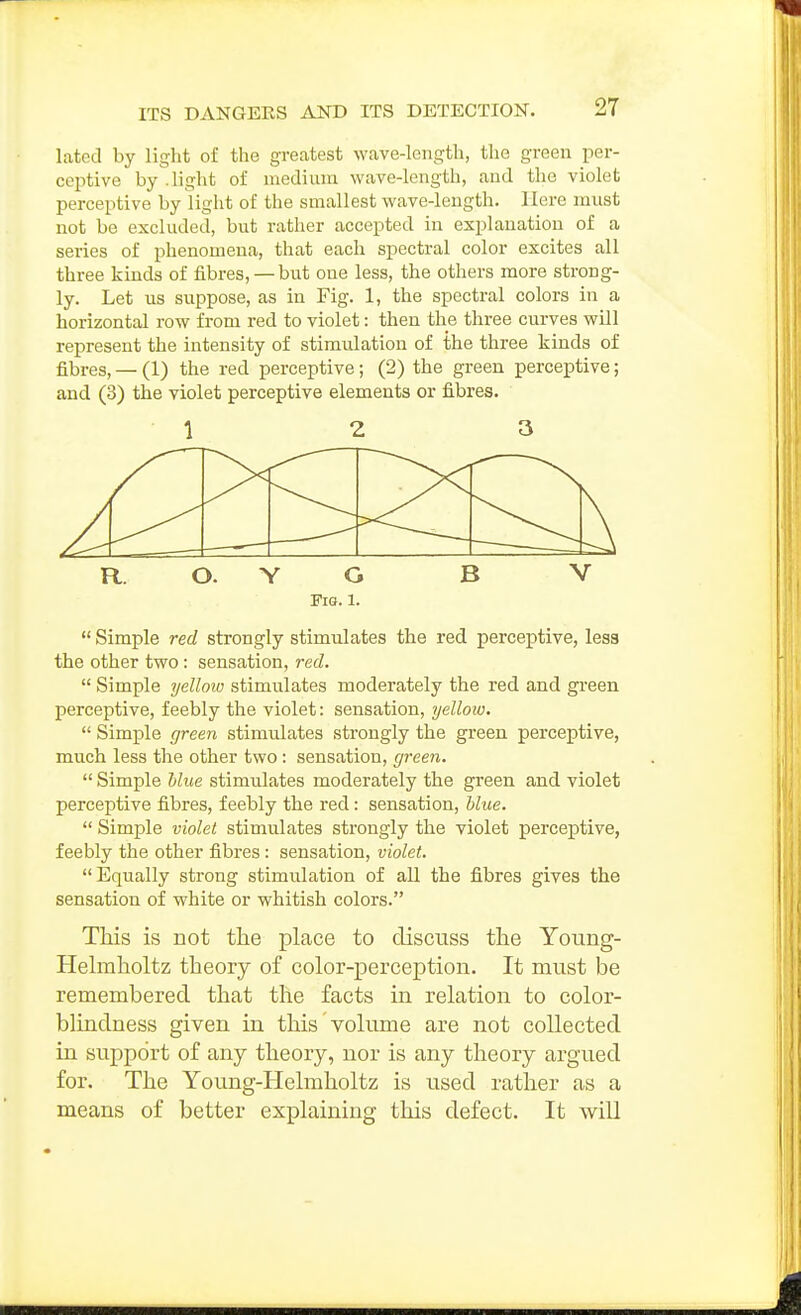 latod by liglit of the greatest wave-longtli, the green per- ceptive by .light of medium wave-length, and the violet perceptive by light of the smallest wave-length. Here must not be excluded, but rather accepted in explanation of a series of phenomena, that each spectral color excites all three kinds of fibres,—but one less, the others more strong- ly. Let us suppose, as in Fig. 1, the spectral colors in a horizontal row from red to violet: then the three curves will represent the intensity of stimulation of the three kinds of fibres, — (1) the red perceptive; (2) the green perceptive; and (3) the violet perceptive elements or fibres. R. O. Y G B V Fio. 1.  Simple red strongly stimulates the red perceptive, lesa the other two: sensation, red.  Simple yellow stimulates moderately the red and green perceptive, feebly the violet: sensation, yellow.  Simple green stimulates strongly the green perceptive, much less the other two: sensation, green.  Simple blue stimulates moderately the green and violet perceptive fibres, feebly the red: sensation, blue.  Simple violet stimulates strongly tlie violet perceptive, feebly the other fibres: sensation, violet. Equally strong stimulation of all the fibres gives the sensation of white or whitish colors. This is not the place to discuss the Young- Hehuholtz theory of color-perception. It must be remembered that the facts in relation to color- blindness given in this volume are not collected in support of any theory, nor is any theory argued for. The Young-Helmholtz is used rather as a means of better explaining this defect. It will