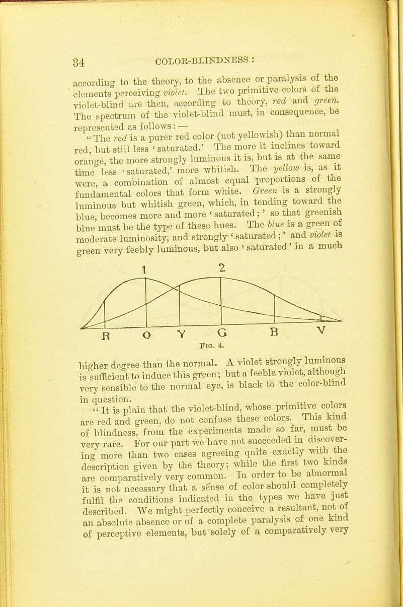 according to the theory, to the absence or paralysis of the ■ elements perceiving violet. The two primitive colors of the violet-blind are then, according to theory, red and green. The spectrum of the violet-blind must, in consequence, be represented as follows: — . , ^ i  The red is a purer red color (not yellowish) than normal red but still less ' saturated.' The more it inclines toward orange, the more strongly luminous it is, but is at the same time less 'saturated,' more whitish. The yellow is, as it were, a combination of almost equal proportions of the fundamental colors that form white. Green is a strongly luminous but whitish green, which, in tending toward the blue becomes more and more ' saturated; ' so that greenish blue' must be the type of these hues. The blue is a green of moderate luminosity, and strongly ' saturated;' and violet is green very feebly luminous, but also ' saturated ' m a much higher degree than the normal. A violet strongly luminous is sufficient to induce this green; but a feeble violet, although very sensible to the normal eye, is black to the color-blind in question. . .,. i  It is plain that the violet-blind, whose primitive colors are red and green, do not confuse these colors. This kind of blindness, from the experiments made so far, must be very rare. For our part we have not succeeded in discover- ing more than two cases agreeing quite exactly with the description given by the theory; while the first two kmds are comparatively very common. In order to be abnormal it is not necessary that a sense of color should completely fulfil the conditions indicated in the types we have ]ust described. We might perfectly conceive a resultant, not of an absolute absence or of a complete paralysis of one kind of perceptive elements, but solely of a comparatively very