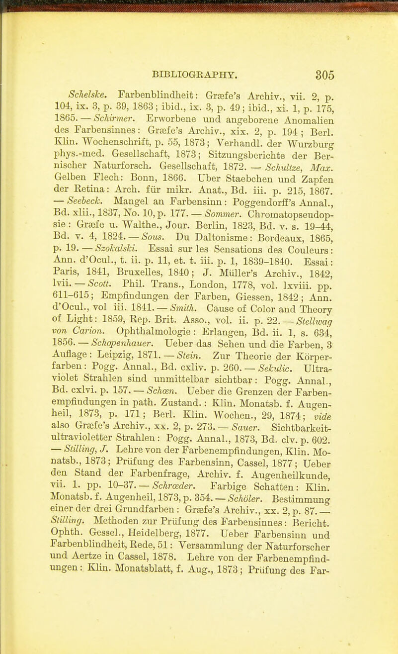 Schehke. Farbenblindheit: Grasfe's Archiv., vii. 2, p. 104, is. 3, p. 39, 18G3; ibid., ix. 3, p. 49; ibid., xi. 1, p. 175, 1865.—Schirmer. Erworbene und angeborene Anomalien des Farbensinnes: Graefe's Archiv., xix. 2, p. 194; Berl. Kliu. Wochenschrift, p. 55, 1873; Verhandl. der Wiirzburg phys.-med. Gesellschaft, 1873; Sitzungsberichte der Ber- nischer Naturforsch. Gesellschaft, 1872. — Sclmlize, Max. Gelben Flech: Bonn, 1866. Uber Staebchen und Zapfen der Retina: Arch, fiir mikr. Anat., Bd. iii. p. 215, 1867. — Seeheck. Mangel an Farbensinn: Poggendorff's Annal., Bd. xlii., 1837, No. 10, p, 177. — Sommer. Chromatopseudop- sie: Grsefe u. Walthe., Jour. Berlin, 1823, Bd. v. s. 19-44, Bd. V. 4, 1824. —5ous. Du Daltonisme: Bordeaux, 1865, P- 19- — Szokalski. Essai sur les Sensations des Couleurs: Ann. d'OcuL, t. ii. p. 11, et. t. iii. p. 1, 1839-1840. Essai: Paris, 1841, Bruxelles, 1840; J. Midler's Archiv., 1842, Ivii.—Scott. Phil. Trans., London, 1778, vol. Ixviii. pp. 611-615; Empfindungen der Farben, Giessen, 1842; Ann. d'Ocul., vol iii. IMl. —Smith. Cause of Color and Theory of Light: 1859, Rep. Brit. Asso., vol. ii. p. 22. —Stellwag von Carion. Ophthalmologie: Erlangen, Bd. ii. 1, s. 634, 1856. — Schopenhauer. Ueber das Sehen und die Farben, 3 Auflage : Leipzig, 1871. — Stein. Zur Theorie der Kdrper- farben: Pogg. Annal., Bd. cxliv. p. 260. — Sekulic. Ultra- violet Strahlen sind unmittelbar sichtbar: Pogg. Annal., Bd. cxlvi. p. 157. — Schcen. Ueber die Grenzen der Farben- empfindungen in path. Zustand.: Klin. Monatsb. f. Augen- heil, 1873, p. 171; Berl. Klin. Wochen., 29, 1874; vide also Grsefe's Archiv., xx. 2, p. 273. — Sauer. Sichtbarkeit- ulti-avioletter Strahlen: Pogg. Annal., 1873, Bd. civ. p. 602. — Stilling, J. Lehre von der Farbenempfindungen, KJin. Mo- natsb., 1873; Prufung des Farbensinn, Cassel, 1877; Ueber den Stand der Farbenfrage, Archiv. f. Augenheilkunde, vii. 1. pp. 10-2,7. — Schrmder. Farbige Schatten: Klin. Monatsb. f. Augenheil, 1873, p. 354. — Scholer. Bestimmung einer der drei Grundfarben : Grsefe's Archiv., xx. 2, p. 87. Slilling. Methoden zur Priif ung des Farbensinnes: Bericht. Ophth. Gessel., Heidelberg, 1877. Ueber Farbensinn und Farbenblindheit, Rede, 51: Versammlung der Naturforscher und Aertze in Cassel, 1878. Lehre von der Farbenempfind- ungen : Klin. Monatsblatt, f. Aug., 1873; Priifung des Far-