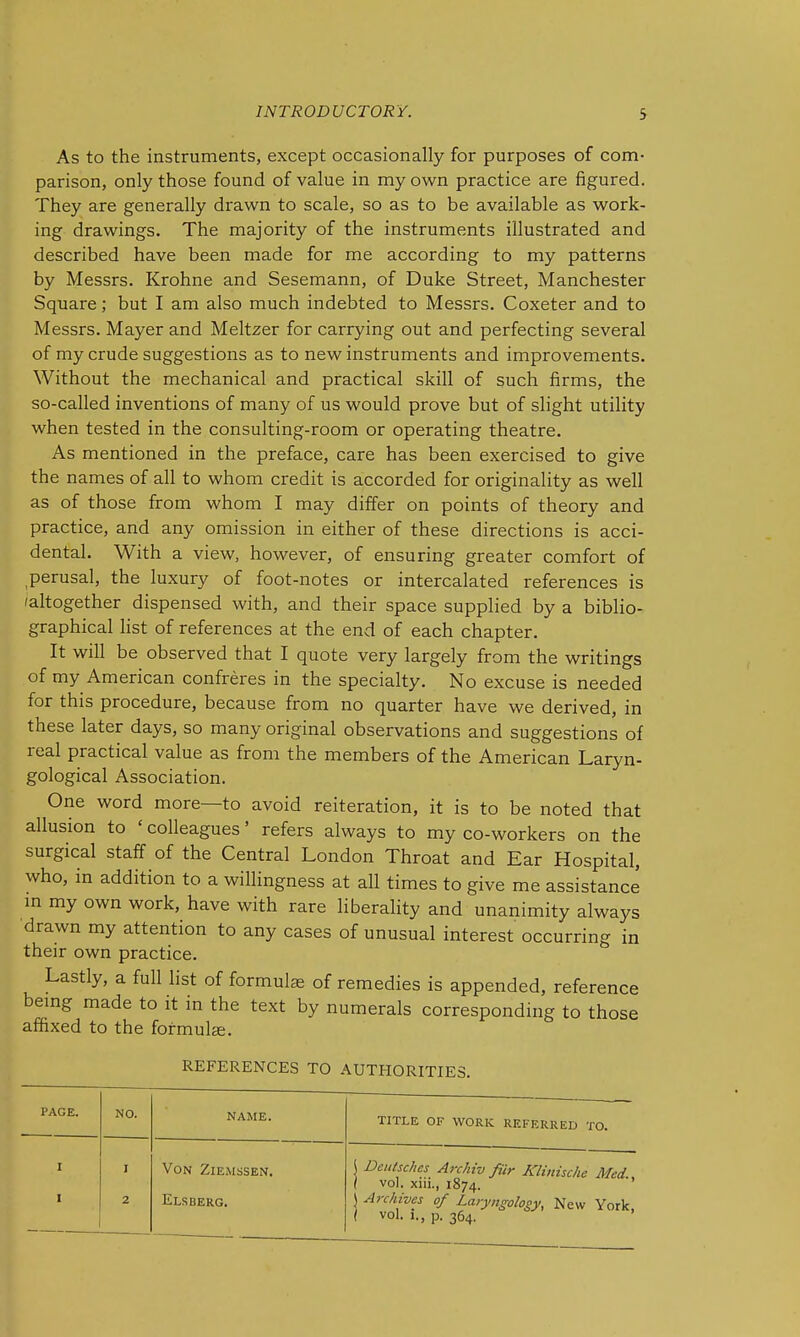 As to the instruments, except occasionally for purposes of com- parison, only those found of value in my own practice are figured. They are generally drawn to scale, so as to be available as work- ing drawings. The majority of the instruments illustrated and described have been made for me according to my patterns by Messrs. Krohne and Sesemann, of Duke Street, Manchester Square; but I am also much indebted to Messrs. Coxeter and to Messrs. Mayer and Meltzer for carrying out and perfecting several of my crude suggestions as to new instruments and improvements. Without the mechanical and practical skill of such firms, the so-called inventions of many of us would prove but of slight utility when tested in the consulting-room or operating theatre. As mentioned in the preface, care has been exercised to give the names of all to whom credit is accorded for originality as well as of those from whom I may differ on points of theory and practice, and any omission in either of these directions is acci- dental. With a view, however, of ensuring greater comfort of perusal, the luxury of foot-notes or intercalated references is /altogether dispensed with, and their space supplied by a biblio- graphical list of references at the end of each chapter. It will be observed that I quote very largely from the writings of my American confreres in the specialty. No excuse is needed for this procedure, because from no quarter have we derived, in these later days, so many original observations and suggestions of real practical value as from the members of the American Laryn- gological Association. One word more—to avoid reiteration, it is to be noted that allusion to ' colleagues' refers always to my co-workers on the surgical staff of the Central London Throat and Ear Hospital, who, in addition to a willingness at all times to give me assistance m my own work, have with rare liberality and unanimity always drawn my attention to any cases of unusual interest occurring in their own practice. Lastly, a full list of formulae of remedies is appended, reference bemg made to it in the text by numerals corresponding to those affixed to the formulae. REFERENCES TO AUTHORITIES. PAGE. NO. NAME. TITLE OF WORK REFERRED TO. I I I 2 Von Ziemssen. Elsberg. ( Deutsclies Archiv fiir Klinische Med., [ vol. xiii., 1874. \ Archives of Laryngology, New York, 1 vol. 1., p. 364.