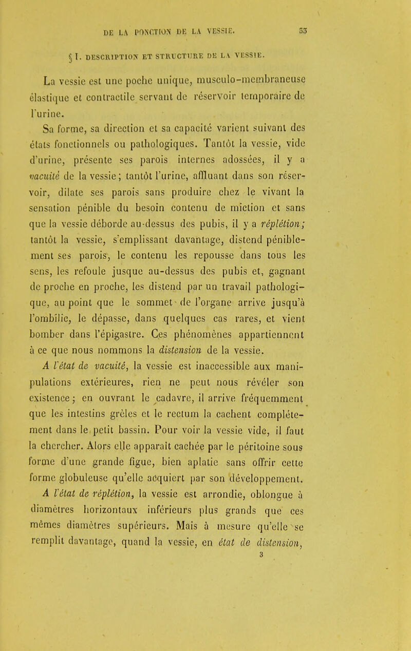 U. DESCRIPTION ET STRUCTURE DE LV VESSIE. La vessie est une poche unique, musculo-mcmbraneuse élastique et contractile servant de réservoir temporaire de l'urine. Sa forme, sa direction et sa capacité varient suivant des états fonctionnels ou pathologiques. Tantôt la vessie, vide d'urine, présente ses parois internes adossées, il y a vacuité de la vessie; tantôt l'urine, affluant dans son réser- voir, dilate ses parois sans produire chez le vivant la sensation pénible du besoin contenu de miction et sans que la vessie déborde au-dessus des pubis, il y a réplétion; tantôt la vessie, s'emplissant davantage, distend pénible- ment ses parois, le contenu les repousse dans tous les sens, les refoule jusque au-dessus des pubis et, gagnant de proche en proche, les distend par un travail pathologi- que, au point que le sommet de l'organe arrive jusqu'à l'ombilic, le dépasse, dans quelques cas rares, et vient bomber dans l'épigastre. Ces phénomènes appartiennent à ce que nous nommons la distension de la vessie. A l'état de vacuité, la vessie est inaccessible aux mani- pulations extérieures, rien ne peut nous révéler son existence; en ouvrant le cadavre, il arrive fréquemment que les intestins grêles et le rectum la cachent complète- ment dans le petit bassin. Pour voir la vessie vide, il faut la chercher. Alors elle apparaît cachée par le péritoine sous forme d'une grande figue, bien aplatie sans offrir cette forme globuleuse qu'elle acquiert par son développement. A l'état de réplétion, la vessie est arrondie, oblongue à diamètres horizontaux inférieurs plus grands que ces mêmes diamètres supérieurs. Mais à mesure qu'elle se remplit davantage, quand la vessie, en état de distension, 3