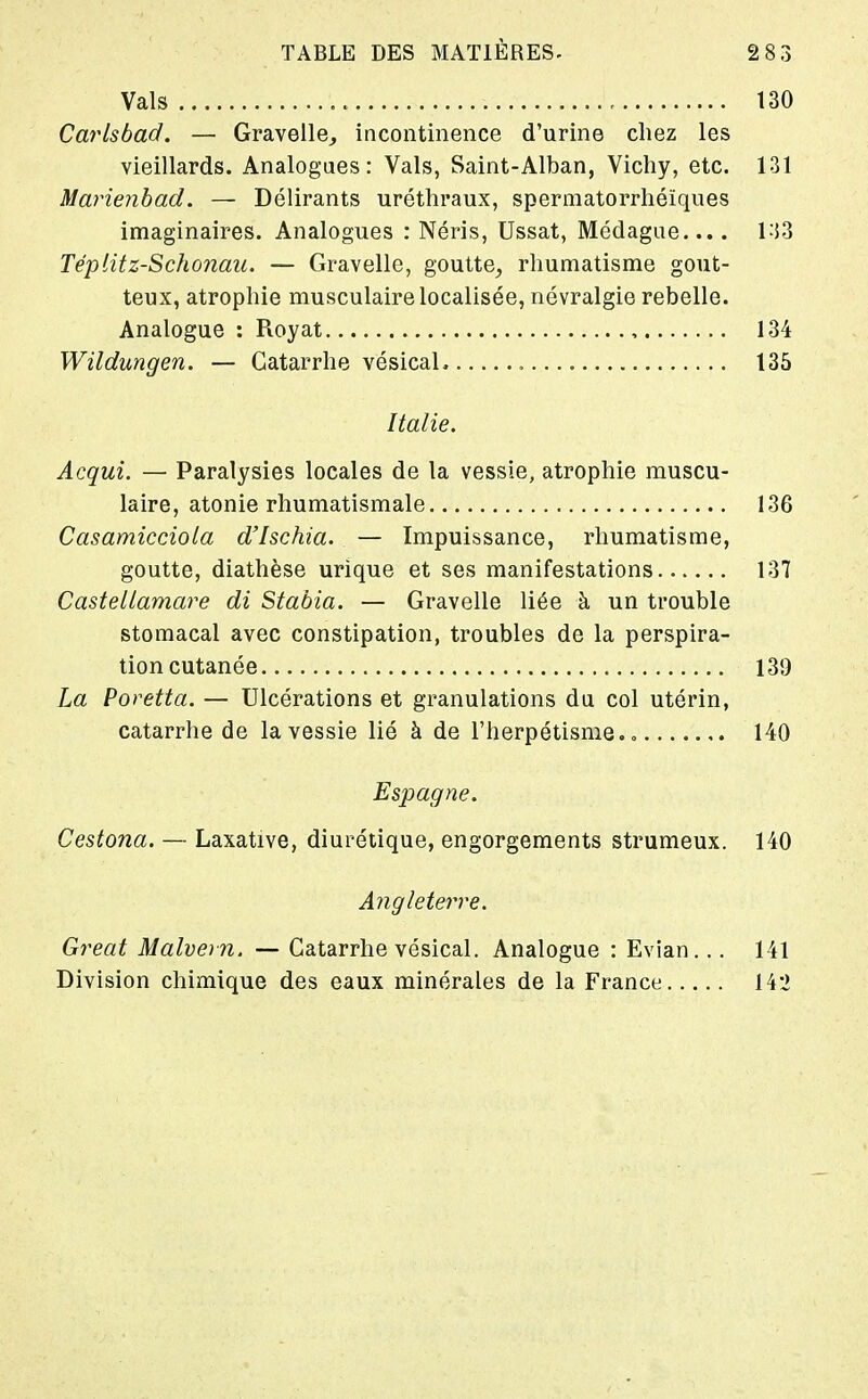 Vais 130 Carlsbad. — Gravelle^ incontinence d'urine chez les vieillards. Analogues: Vais, Saint-Alban, Vichy, etc. 131 Marienbad. — Délirants uréthraux, spermatorrhéïqiies imaginaires. Analogues : Néris, Ussat, Médague.... 133 Téplitz-Schonau. — Gravelle, goutte^ rhumatisme gout- teux, atrophie musculaire localisée, névralgie rebelle. Analogue : Royat , 134 Wildungen. — Catarrhe vésicaL 135 Italie. Acqui. — Paralysies locales de la vessie, atrophie muscu- laire, atonie rhumatismale 136 Casamicciola d'Ischia. — Impuissance, rhumatisme, goutte, diathèse urique et ses manifestations 137 Castellamare di Stabia. — Gravelle liée à un trouble stomacal avec constipation, troubles de la perspira- tion cutanée 139 La Poretta. — Ulcérations et granulations du col utérin, catarrhe de la vessie lié à de l'herpétisme. „ 140 Espagne. Cestona. — Laxative, diurétique, engorgements strumeux. 140 A7igleter7'e. Great Malvem. — Catarrhe vésical. Analogue : Evian... 141 Division chimique des eaux minérales de la France 142