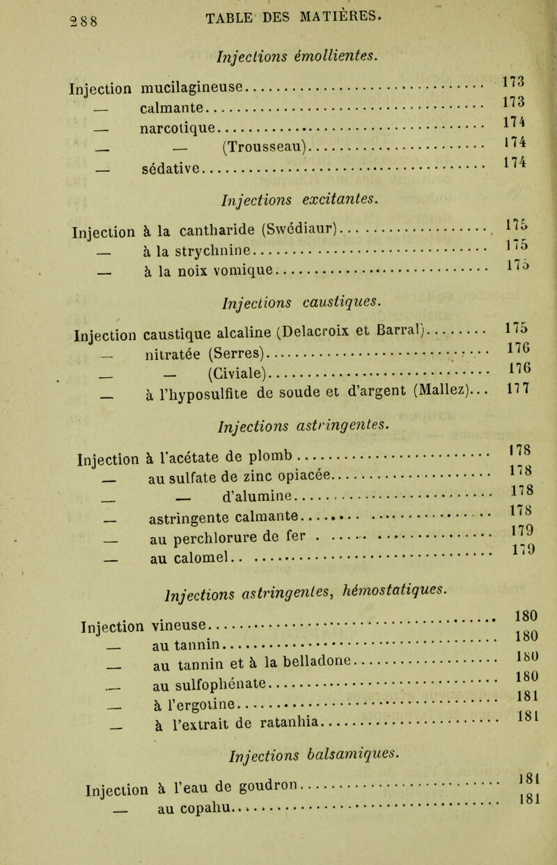 Injections émollientes. Injection mucilagineuse ^'^^ — calmante — narcotique — (Trousseau) '^^ — sédative ^^^ Injections excitantes. Injection à la cantharide (Swcdiaur) 1]^ — à la strychnine ^ — à la noix vomique ^'^^ Injections caustiques. Injection caustique alcaline (Delacroix et Barrai) 1Î5 — nitratée (Serres) ■ :■ ^^^ _ - (Civiale) ^'^^ — à rhyposulfite de soude et d'argent (Mallez)... 177 Injections astringentes. Injection à l'acétate de plomb '^^ _ au sulfate de zinc opiacée 1 '8 _ — d'alumine 1''^ — astringente calmante ^^^ — au perchlorure de fer ^[^ — au calomel ^ ' Injections astringentes, hémostatiques. 180 Injection vineuse — au tannin — au tannin et à la belladone au sulfopliénate — à l'ergoiine ••• _ à l'extrait de ratanhia Injections balsamiques. Injection à l'eau de goudron J8l — au copaliu