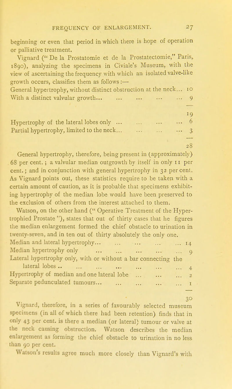 beginning or even that period in which there is hope of operation or palliative treatment. Vignard ( De la Prostatomie et de la Prostatectomie, Paris, 1S90), analyzing the specimens in Civiale's Museum, with the view of ascertaining the frequency with which an isolated valve-like growth occurs, classifies them as follows :— General hypertrophy, without distinct obstruction at the neck... 10 With a distinct valvular growth... ... ... ... ... 9 19 Hypertrophy of the lateral lobes only ... ... ... --• 6 Partial hypertrophy, limited to the neck... ... 3 28 General hypertrophy, therefore, being present in (approximately) 68 per cent. ; a valvular median outgrowth by itself in only 11 per cent.; and in conjunction with general hypertrophy in 32 percent. As Vignard points out, these statistics require to be taken with a certain amount of caution, as it is probable that specimens exhibit- ing hypertrophy of the median lobe would have been preserved to the exclusion of others from the interest attached to them. Watson, on the other hand ( Operative Treatment of the Hyper- trophied Prostate ), states that out of thirty cases that he figures the median enlargement formed the chief obstacle to urination in twenty-seven, and in ten out of thirty absolutely the only one. Median and lateral hypertrophy... ... ... ... ... 14 Median hypertrophy only ... ... ... ... ... ^ Lateral hypertrophy only, with or without a bar connecting the lateral lobes .. ... ... ... ,,, ... ... 4. Hypertrophy of median and one lateral lobe ... 2 Separate pedunculated tumours i 30 Vignard, therefore, in a series of favourably selected museum specimens (in all of which there had been retention) finds that in only 43 per cent, is there a median (or lateral) tumour or valve at the neck causing obstruction. Watson describes the median enlargement as forming the chief obstacle to urination in no less than 90 per cent. Watson's results agree much more closely than Vignard's with