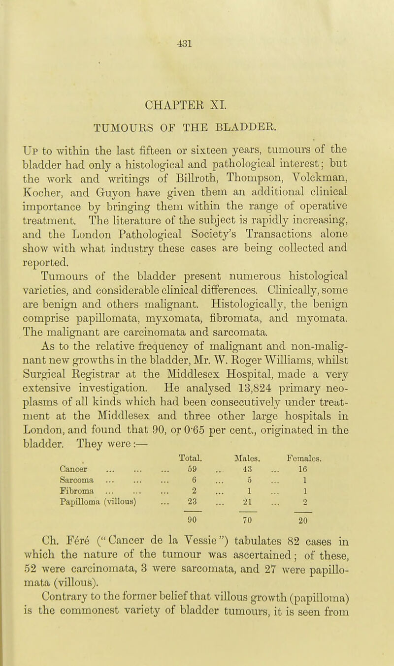 CHAPTER XI. TUMOURS OF THE BLADDER. Up to within the last fifteen or sixteen years, tumours of the bladder had only a histological and pathological interest; but the work and writings of Billroth, Thompson, Volckman, Kocher, and Guyon have given them an additional clinical importance by bringing them within the range of operative treatment. The literature of the subject is rapidly increasing, and the London Pathological Society's Transactions alone show Avith what industry these cases are being collected and reported. Tumours of the bladder present numerous histological varieties, and considerable clinical differences. Clinically, some are benign and others malignant. Histologically, the benign comprise papillomata, myxoinata, fibromata, and myomata. The malignant are carcinomata and sarcomata. As to the relative frequency of malignant and non-malig- nant new growths in the bladder, Mr. W. Roger Williams, whilst Surgical Registrar at the Middlesex Hospital, made a very extensive investigation. He analysed 13,824 primary neo- plasms of all kinds which had been consecutively under treat- ment at the Middlesex and three other large hospitals in London, and found that 90, or 0-65 per cent., originated in the bladder. They were:— Total. Males. Females. Cancer 59 ... 43 ... 16 Sarcoma 6 ... 5 ... 1 Fibroma 2 ... 1 ... 1 Papilloma (villous) ... 23 ... 21 ... 2 90 70 20 Ch. Fere (Cancer de la Vessie) tabulates 82 cases in which the nature of the tumour was ascertained; of these, 52 were carcinomata, 3 were sarcomata, and 27 were papillo- mata (villous). Contrary to the former belief that villous growth (papilloma) is the commonest variety of bladder tumours, it is seen from
