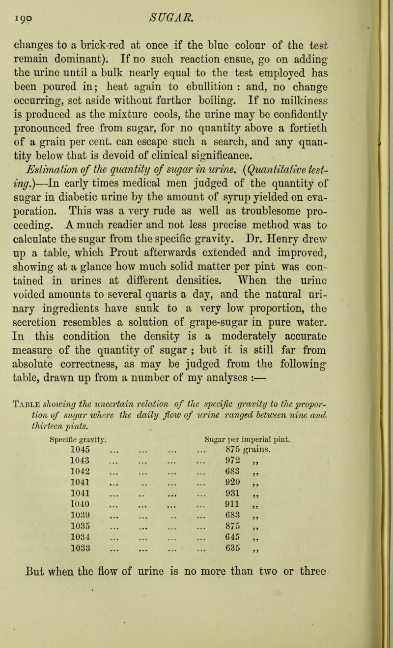 IQO changes to a brick-red at once if the blue colour of the test remain dominant). If no such reaction ensue, go on adding the urine until a bulk nearly equal to the test employed has been poured in; heat again to ebullition : and, no change occurring, set aside without further boiling. If no milkiness is produced as the mixture cools, the urine may be confidently pronounced free from sugar, for no quantity above a fortieth of a grain per cent, can escape such a search, and any quan- tity below that is devoid of clinical significance. Estimation of the quantity of sugar in urine, {^Quantitative test- ing}}—early times medical men judged of the quantity of sugar in diabetic urine by the amount of syrup yielded on eva- poration. This was a very rude as well as troublesome pro- ceeding. A much readier and not less precise method was to calculate the sugar from the specific gravity. Dr. Henry drew up a table, which Prout afterwards extended and improved, showing at a glance how much solid matter per pint was con - tained in urines at different densities. When the urine voided amounts to several quarts a day, and the natural uri- nary ingredients have sunk to a very low proportion, the secretion resembles a solution of grape-sugar in pure water. In this condition the density is a moderately accurate measure of the quantity of sugar ; but it is still far from absolute correctness, as may be judged from the following- table, drawn up from a number of my analyses :— Table sliowing the uncertain relation of the specific gravity to the propor- tion of sugar where the daily flow of urine ranged between nine and. thirteen pints. Specific gravity. Sugar per imperial i^int. 1045 875 frrains. 1043 1042 1041 1041 1040 1039 1035 1034 1033 972 683 920 931 911 683 875 645 635 But when the flow of urine is no more than two or three