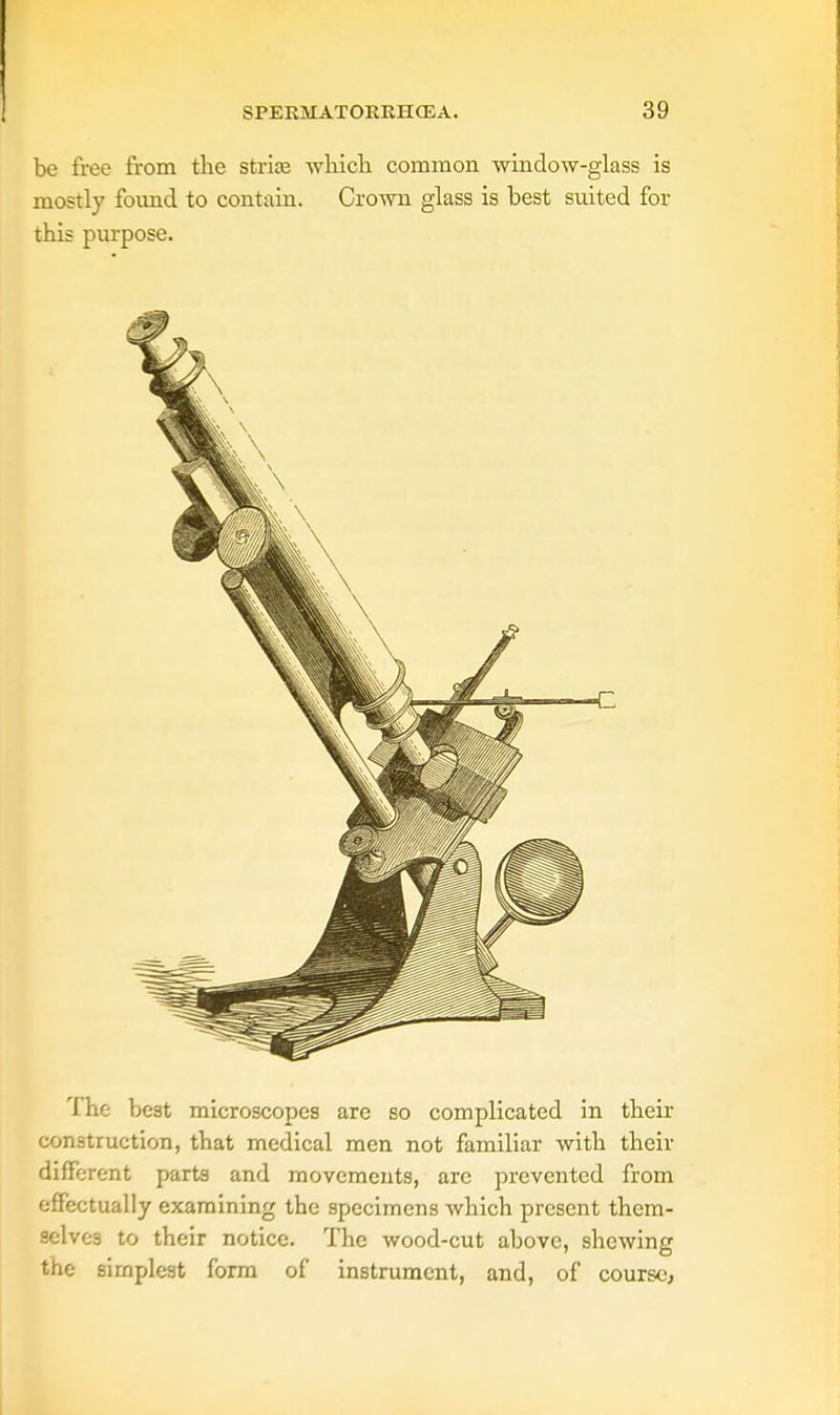 be free from the strife which common window-glass is mostly found to contain. Crown glass is best suited for this purpose. The best microscopes are so complicated in their construction, that medical men not familiar with their different parts and movements, are prevented from effectually examining the specimens which present them- selves to their notice. The wood-cut above, shewing the simplest form of instrument, and, of course.