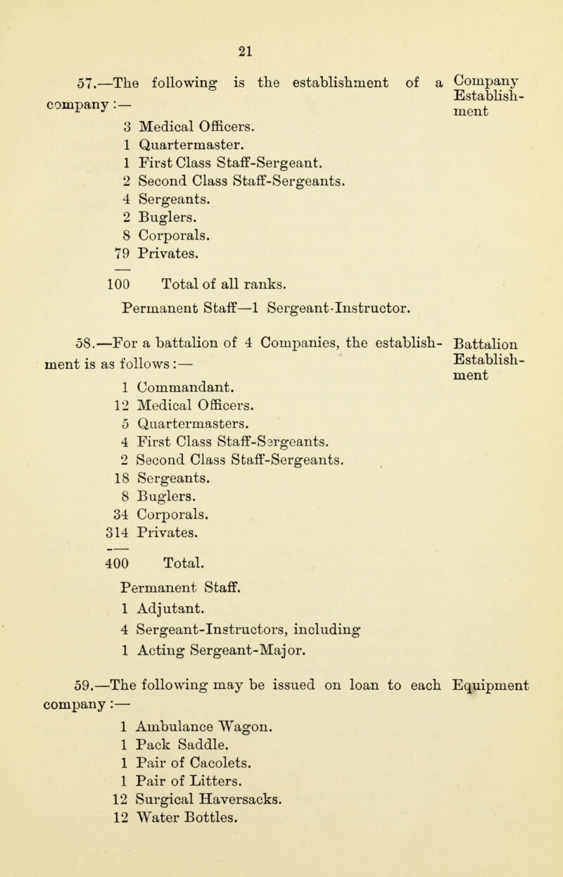 57. —The following is the establishment of a Company Establish- company:- ment 3 Medical Officers. 1 Quartermaster. 1 First Class Staff-Sergeant. 2 Second Class Staff-Sergeants. 4 Sergeants. 2 Buglers. 8 Corporals. 79 Privates. 100 Total of all ranks. Permanent Staff—1 Sergeant-Instructor. 58. —For a battalion of 4 Companies, the establish- Battalion ment is as follows :— Establish- ment 1 Commandant. 12 Medical Officers. 5 Quartermasters. 4 First Class Staff-Sergeants. 2 Second Class Staff-Sergeants. 18 Sergeants. 8 Buglers. 34 Corporals. 314 Privates. 400 Total. Permanent Staff. 1 Adjutant. 4 Sergeant-Instructors, including 1 Acting Sergeant-Major. 59. —The following may be issued on loan to each Equipment company:— 1 Ambulance Wagon. 1 Pack Saddle. 1 Pair of Cacolets. 1 Pair of Litters. 12 Surgical Haversacks. 12 Water Bottles.