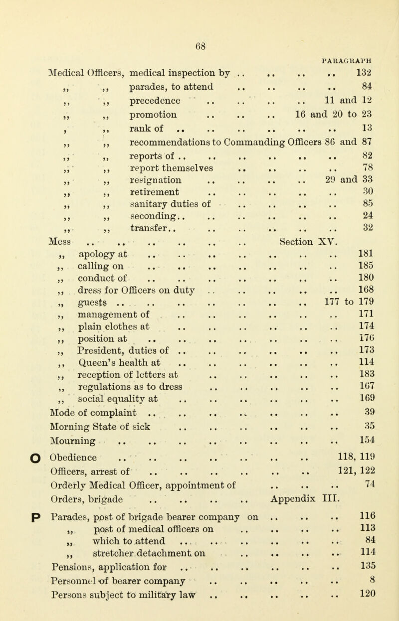 PARAGRAPH Medical Officers, medical inspection by .. .. .. .. 132 ,, parades, to attend .. .. .. .. 84 ,, precedence .. .. .. .. 11 and 12 ,, ,, promotion .. .. .. 16 and 20 to 23 , rank of .. .. .. .. 13 ,, ,, recommendations to Commanding Officers 86 and 87 ,, ,, reports of .. .. 82 ,, ,, report themselves .. .. .. .. 78 ,, ,, resignation .. .. .. .. 29 and 33 ,, ,, retirement .. .. .. .. .. 30 ,, ,, sanitary duties of .. .. .. .. 85 ,, ,, seconding.. .. .. .. .. .. 24 ,, ,, transfer.. .. .. .. .. .. 32 Mess .. .. Section XV. „ apology at .. .. .. .. .. .. .. 181 calling on .. .. .. .. .. .. .. 185 ,, conduct of .. .. .. .. .. .. .. 180 ,, dress for Officers on duty .. .. .. .. .. 168 „ guests .. 177 to 179 ,, management of .. .. .. .. .. .. 171 ,, plain clothes at .. .. .. .. .. .. 174 ,, position at .. .. .. .. .. .. 176 ,, President, duties of .. .. .. .. .. 173 ,, Queen's health at .. .. .. .. .. .. 114 reception of letters at .. .. .. .. .. 183 „ regulations as to dress .. .. .. .. .. 167 ,, social equality at .. .. .. .. .. .. 169 Mode of complaint .... .. . t .. .. .. 39 Morning State of sick .. .. .. .. .. .. 35 Mourning 154 Obedience .. .. .. 118, 119 Officers, arrest of 121,122 Orderly Medical Officer, appointment of .. .. .. 74 Orders, brigade .. .. .. .. Appendix III. Parades, post of brigade bearer company on .. .. .. 116 „, post of medical officers on .. .. .. .. 113 „ which to attend .. .. .. .. .. .. 84 ,, stretcher detachment on .. .. .. 114 Pensions, application for .. .. .. .. .. .. 135 Personnel of bearer company .. .. .. .. 8 Persons subject to military law .. .. .. .. •. 120