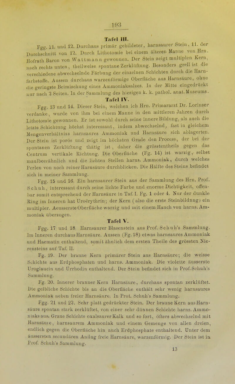 Tnlvl III. Fgg. 11. und 12. Durcliaiis i.rimilr gebildeter, harnsaurci- Stein, 11. der Durchschnitt von 12. Durch Lithutomie bei einem älteren Manne von Hrn. llolVath Baron von VVattniann gewonnen. Der Stein zeigt multiplen Kern, iiach rechts unten, theilvveise spontane Zerklüftung. Besonders grell ist die verschiedene abwechselnde Färbung der einzelnen Schicliten durch die Harn- Jarbstolle. Aussen durchaus warzenförmige Oberiläche aus Harnsäure, ohne die geringste Beimischung eines Ammonialcsalzes. In der Mitte eingedrückt nur nach 2 Seiten. In der Sammlung des hiesigen k. k. pathol. anat. Museums. Tafel IV. Fgg. 13 und 14. Dieser Stein, welchen ich Hrn. Primararzt Dr. Lorinser verdanke, wurde von ihm bei einem Manne in den mittleren Jahren durch Lithotomie gewonnen. Er ist sowohl durch seine innere Bildung, als auch die letzte Schichtung höchst interessant, indem abwechselnd, fast in gleichem Mengenverhältniss harnsaures Ammoniak nnd Harnsäure sich ablagerten. Der Stein ist porös und zeigt im höchsten Grade den Process, der bei der spontanen Zerklüftung thätig ist , daher die grösstentheils gegen das Centrum vertikale Richtung. Die Oberfläche (Fg. 14) ist warzig,- selbst maulbeeiähnlich und die lichten Stellen harns. Ammoniak, durch welches Perlen von noch reiner Harnsäure durchblicken. Die Hälfte des Steins befindet sich in meiner Sammlung. Fgg. 15 und 16. Ein harnsaurer Stein aus der Sammlung des Hrn. Prof. Schuh, interessant durch seine lichte Farbe imd enorme Dichtigkeit, offen- bar somit entsprechend der Harnsäure in Taf.I. Fg. 1 oder 4. Nur der dunkle Ring im Inneren hat Uroerythrin; der Kern (also die erste Steinbildnng) ein multipler. Aeusserste Oberfläche warzig und mit einem Hauch von harns. Am- moniak überzogen. Talel V. Fgg. 17 und 18. Harnsaurer Blasenstein aus Prof. Schuh's Sammlung. Im Inneren durchaus Harnsäure. Aussen (Fg. 18) etwas harnsaures Ammoniak und Haematin enthaltend, somit ähnlich dem ersten Theile des grössten Nie- rensteins auf Taf. II. Fg. 19. Der braune Kern primärer Stein aus Harnsäure-, die weisse Schichte aus Erdphosphaten und harns. Ammoniak. Die violette äusserste Uroglaucin und ürrhodin enthaltend. Der Stein befindet sich in Prof. Schuh's Sammlung. Fg. 20. Innerer branner Kern Harnsäure, dui'chaus spontan zerklüftet. Die gelbliche Schichte bis an die Oberfläciie enthält sehr wenig harnsaures Ammoniak neben Ireier Harnsäure. In Prol. Schuh's Sammlung. Fgg. 21 und 22. Sehr platt gedrückter Stein. Der braune Kern aus Harn- säure spontan stark zerklüftet, von einer sehr dünnen Schichte harns. Ammo- niaksaus. Graue Schichte oxalsaurerKalk und so fort, öfters abwechselnd mit Harnsäuie, harnsaurem Ammoniak und einem Gemenge von allen dreien, endlich gegen die Oberfläche hin auch Erdphosphate enthaltend. Unter dem äussersten secundären Anilug freie Harnsäure, warzenförmig. Der Stein ist in Prof. Schuh's Sammlung. 13