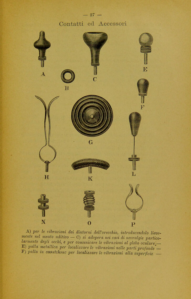 Contatti ed Accessori N 0 P A) per le vibrazioni dei dintorni dell'orecchio, introducendola lieve- mente nel meato uditivo — C) si adopera nei casi di nevralgie partico- larmente degli occhi, e per comunicare le vibrazioni al globo oculare f— E) palla metallica per localizzare le vibrazioni nelle parti profonde*— F) palla in caoutchouc per localizzare le vibrazioni alla superficie