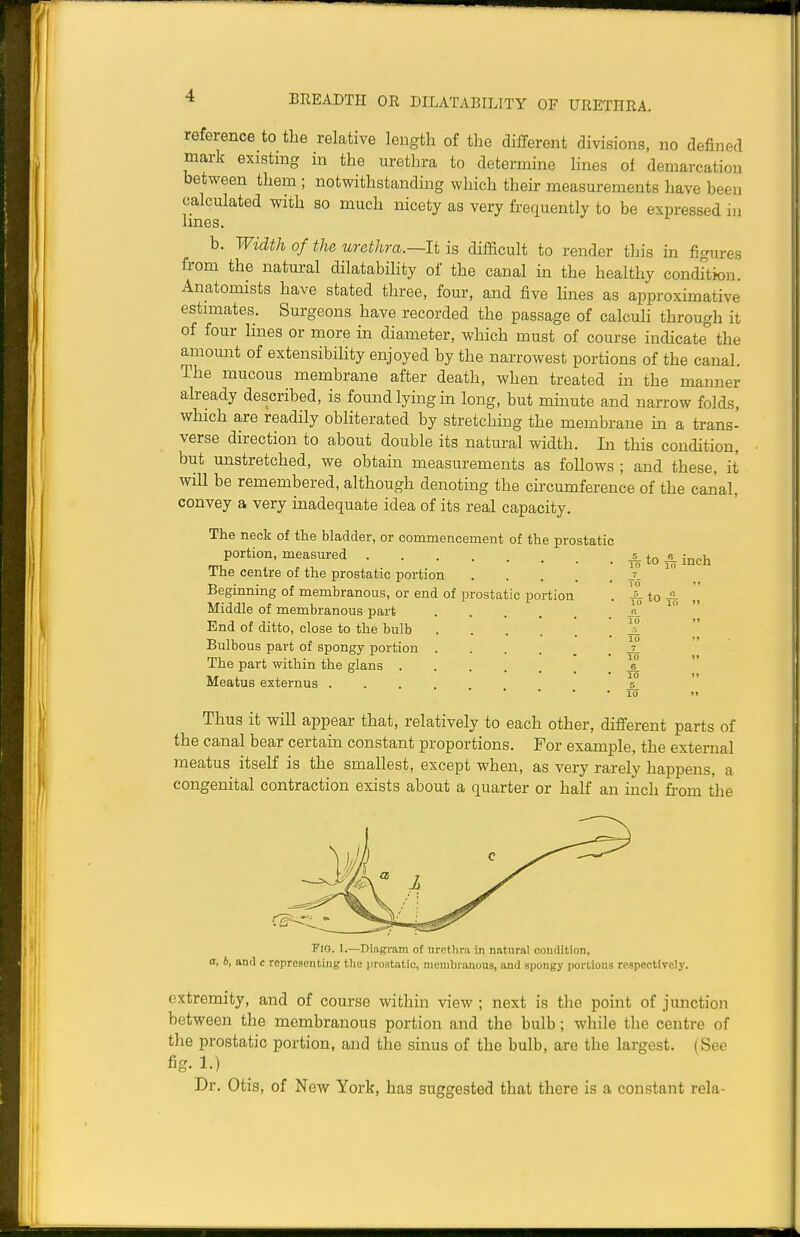 BEEADTH OR DILATABILITY OF UEETHIIA. reference to the relative length of the different divisions, no defined mark existing in the urethra to determine hnes of demarcation between them ; notwithstanding which their measurements have been calculated with so much nicety as very frequently to be expressed in lines. b. Width of the urethra.—It is difficult to render this in figures from the natural dilatabihty of the canal in the healthy condition. Anatomists have stated three, four, and five lines as approximative estimates. Surgeons have recorded the passage of calculi through it of four hnes or more in diameter, which must of course indicate the amount of extensibihty enjoyed by the narrowest portions of the canal. The mucous membrane after death, when treated m the manner already described, is found lying in long, but minute and narrow folds, which are readily obliterated by stretching the membrane in a trans- verse direction to about double its natural width. In this condition, but unstretched, we obtain measurements as follows ; and these, it will be remembered, although denoting the circumference of the canal, convey a very inadequate idea of its real capacity. The neck of the bladder, or commencement of the prostatic portion, measured The centre of the prostatic portion .... Beginning of membranous, or end of prostatic portion Middle of membranous part End of ditto, close to the bulb Bulbous part of spongy portion The part within the glans Meatus externus .... to ^ inch to A 10 6 10 5 Thus it will appear that, relatively to each other, different parts of the canal bear certain constant proportions. For example, the external meatus itself is the smallest, except when, as very rarely happens, a congenital contraction exists about a quarter or half an inch from the Vm. 1.—Diagram of urethra in natural condition, a, b, and c representing tlie prostatic, membranous, and spongy portions respectively. extremity, and of course within view; next is the point of junction between the membranous portion and the bulb; while the centre of the prostatic portion, and the sinus of the bulb, are the largest. (See fig. 1.) Dr. Otis, of New York, has suggested that there is a constant rela-