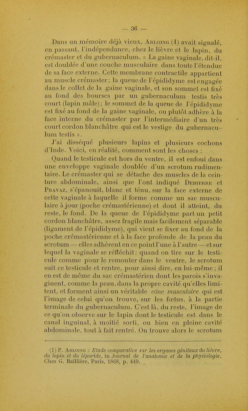 Dans un mémoire déjà vieux, Auloing (1) avait signalé, en passant, rindépendancc, chez le lièvre et le lapin, du crémaster et du gubernaculum. « La gaine vaginale, dil-il, est doublée d'une couche musculaire dans toute l'étendue de sa face externe. Cette membrane contractile appartient au muscle crémaster; la queue de l'épididyme est engagée dans le collet de la gaine vaginale, et son sommet est fixé au fond des bourses par un gubernaculum testis très court (lapin mâle) ; le sommet de la queue de l'épididyme est fixé au fond de la gaine vaginale, ou plutôt adhère à la face interne du crémaster par l'intermédiaire d'un très court cordon blanchâtre qui est le vestige du gubernacu- lum testis ». J'ai disséqué plusieurs lapins et plusieurs cochons d'Inde. Yoici, en réalité, comment sont les choses : Quand le testicule est hors du ventre, il est enfoui dans une enveloppe vaginale doublée d'un scrotum rudimen- taire. Le crémaster qui se détache des muscles de la cein- ture abdominale, ainsi que l'ont indiqué Debierre et Pravaz, s'épanouit, blanc et ténu, sur la face externe de cette vaginale à laquelle il forme comme un sac muscu- laire à jour (poche crémastérienne) et dont il atteint, du reste, le fond. De la queue de l'épididyme part un petit cordon blanchâtre, assez fragile mais facilement séparable (ligament de l'épididyme), qui vient se fixer au fond de la poche crémastérienne et à la face profonde de la peau du scrotum — elles adhèrent en ce point l'une à l'autre — et sur lequel la vaginale se réfléchit : quand on tire sur le testi- cule comme pour le remonter dans le ventre, le scrotum suit ce testicule et rentre, pour ainsi dire, en lui-même; il en est de même du sac crémastérien dont les parois s'inva- ginent, comme la peau, dans la propre cavité qu'elles limi- tent, et forment ainsi un véritable cône musculaire qui est l'image de celui qu'on trouve, sur les fœtus, à la partie terminale du gubernaculum. C'est là, du reste, l'image de ce qu'on observe sur le lapin dont le testicule est dans le canal inguinal, à moitié sorti, ou bien en pleine cavité abdominale, tout à fait rentré. On trouve alors le scrotum (1) P. Arloing : Elude comparative sur les organes génitaux du lièvre, du lapin et du léporide, in Journal de l'anatomie et de la physiologie. Chez G. Baillière, Paris, 1868, p. 449.