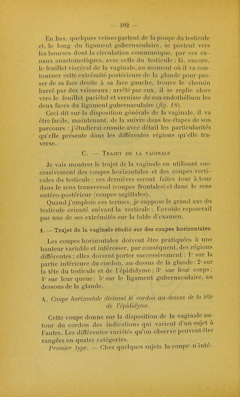 En bas, quelques veines partent de la poupe du testicule et, le long du ligament gubernaculaire, se portent vers les bourses dont la circulation communique, par ces ca- naux anastomotiqucs, avec celle du testicule : là, encore, le feuillet viscéral de la vaginale, au moment où il va con- tourner cette extrémité postérieure de la glande pour pas- ser de sa face droite à sa face gauche, trouve le chemin barré par des vaisseaux : arrêté par eux, il se replie alors vers le feuillet pariétal et vernisse de son endothélium les deux faces du ligament gubernaculaire {firj. 18). Ceci dit sur la disposition générale de la vaginale, il va être facile, maintenant, de la suivre dans les étapes de son parcours : j'étudierai ensuite avec détail les particularités qu'elle présente dans les différentes régions qu'elle tra- verse. C. — Trajet de la vaginale Je vais montrer le trajet de la vaginale en utilisant suc- cessivement des coupes horizontales et des coupes verti- cales du testicule ; ces dernières seront faites tour à tou]- dans le sens transversal (coupes frontales) et dans le sens antéro-postérieur (coupes sagittales). Quand j'emploie ces termes, je suppose le grand axe du testicule orienté suivant la verticale ; l'ovoïde reposerait par une de ses extrémités sur la table d'examen. 1. _ Trajet de la vaginale étudié sur des coupes horizontales. Les coupes horizontales doivent être pratiquées à une hauteur variable et intéresser, par conséquent, des régions différentes ; elles doivent porter successivement : 1° sur la partie inférieure du cordon, au-dessus de la glande : 2 sur la tête du testicule et de l'épididyme : 3 sur leur corps ; A sur leur queue: 5sur le ligament gubernaculaire, au dessous de la glande. A. Coupe horizontale divisanl le cordon au-dessus de la téle de l'épididyme. Cette coupe donne sur la disposition de la vaginale au- tour du cordon des indications qui varient d'un sujet a l'autre. Les différentes variétés qu'on observe peuvent être rangées en quatre catégories. Premier type. — Chez quelques sujets la coupe n'inté -