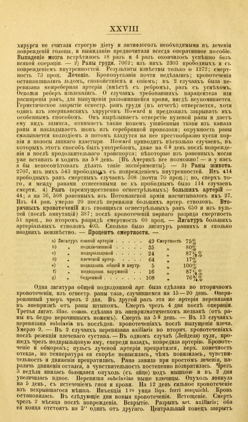 хирурги не считали строгую діату и пнтифлогозъ необходимыми въ леченіи □оврешденій головы, и выжиданію предпочитали всегда оперативное нособіе. Выпаденіѳ мозга встретилось 18 разъ и 4 разъ окончилось успешно безъ венкой оиераціи. — 2) Раны груди. 70G2; изъ ннхъ 2303 ирободныхъ и съ іюврежденіемъ внутренностей. Результаты извѣстны только о 1272; смерт- ность 73 нроц. Лѳчѳніѳ. Кровопусканія почти иедѣлались; кровотеченія останавливались льдомъ, спокойствіемъ и опіемъ; въ 2 случаям, была пе- ревязана межреберная артеріи (вмѣстѣ съ ребромъ), разъ съ усньхомъ. Осколки реиеръ извлекались. О случаяхъ требовавшим, парацентеза или ?асширенія рань, для выпущенія разложившейся крови, нигдѣ неупоминается. Герметическое закрытіе огиестр. ранъ груди (въ отчстѣ) отвергается, хотя одинъ изъ американских'!» хирурговъ Howard и предложил!, закрывать ихъ особеннымъ способомъ. Онъ вырѣзываетъ отверстіе пулевой раны п даетъ ему видь эллипса, отнимаетъ также иожемъ ушибенныя ткани изъ канала раны и накладываешь шовъ изъ серебрянной проволоки; окружность раны смазывается коллодіемъ а потомъ кладутся на нее крестообразно куски кор- ніи и полосы липка го пластыря. Howard приводить несколько случаевъ, въ которыхъ этотъ способъ былъ употребленъ, даже на G й день послѣ поврежде- ния и нослѣ продолжительна™ транспорта; нѣкоторыс изъ раненныхъ могли уже вставать и ходить на 5 день. [Въ Америк!, все возможно! — а у наеъ я бы непосовѣтоваяъ дѣяать такіе эксперименты]. — 3) Раны живота. 2707, изъ ннхъ 543 ирободныхъ съ иоврежденіемъ внутренностей. Изъ 414 ирободныхъ рань смертныхъ случаевъ зон (почти 70 нроц.); но, свёрхъ то- го, и между ранами отнесенными не къ прободнымъ было 114 случает, смс{)ти. 4) Ранъ (преимущественно огнестрѣльныхъ) большихъ артерій — 44; а на 36, 508 раненныхъ изъ Потомакской арміи насчитывалось ихъ 27. Изъ 44 ран. умерло 20 поелѣ перевязки большихъ артер. стволовъ. Вто- ричныхъ кровотѳченій изъ гноящихся огпестрѣдьньгхъ ранъ 650 и изъ куль- тей (послѣ ампутацій) 387; послѣ кровотеченій иѳрваго разряда смертность 51 нроц., во второмъ разрядь смертность СО нроц. — Лигатуръ большихъ артеріальныхъ стволовъ 403. Сколько было лигатуръ раннихъ и сколько нозднихъ неизвестно. — Процентъ смертности. — а) Лигатуръ 49 Смертность Ь) 35 Г) Ѣ0% с) 24 d) „ 64 е) подвздошн. общей и внутр. 5 п 100% *) подвздоиш. наружной . . 16 g) . 108 п Одна лигатура общей подвздошной арт. была сдѣлана во вторичномъ кровотеченіи, изъ огнестр. раны таза, случившемся на 15 — 20 день. Опери- рованный умеръ чрезъ 2 дня. Въ другой разъ эта же артерія перевязана въ аневризмѣ отъ раны штыкомъ. Смерть чрезъ 4 дня послѣ операціи. Третья лигат. iliac. comm. сдѣлана въ аневризматическомъ желвакѣ (отъ ра- ны въ бедро перочиннымъ ножемъ). Смерть на 5 й день. — Въ 13 случаяхъ перевязана subclavia въ послѣдов. кровотеченіяхъ послѣ вылущенія плеча. Умерло 9. — Въ 2 случаяхъ перевязана axillaris во вторич. кровотеченіяхъ послѣ резекціи плечеваго сустава. —Въ одномъ случаѣ (Лейделя) пуля, про- шедъ чрезъ подкрыльцовую яму, спереди назадъ, повредила артерію. Кровоте- ченіе и обморокъ; пульсъ лучевой артерін прекратился, верх, конечность отекла, но температура ея скорѣе повысилась, чѣмъ понизилась, чувстви- тельность и движенія прекратились. Рана зажила при простомъ леченіи, па- раличь движенія остался, а чувствительность постепенно возвратилась. Чрезъ 3 недѣли явилась бьющаяся опухоль (съ яйце) подъ мышкою и въ 2 дни увеличилась вдвое. Перевязка subclaviae выше ключицы. Опухоль лопнула на 5 день, съ истеченіемъ гноя и крови. На 12 день сильное кровотеченіе изъ вскрывшагося мѣшка- ІІнъекція 1 го унца liqu. ferri sesquichl. Кровь остановилась. Въ слѣдующіе дни новыя кровотеченія. Истощеніе. Смерть чрезъ 2 мѣсяца послѣ поврежденія. Вскрытіе. Разрывъ art. axillaris; оба ея конца отстоятъ на 3 одинъ отъ другаго. Центральный конецъ закрытъ